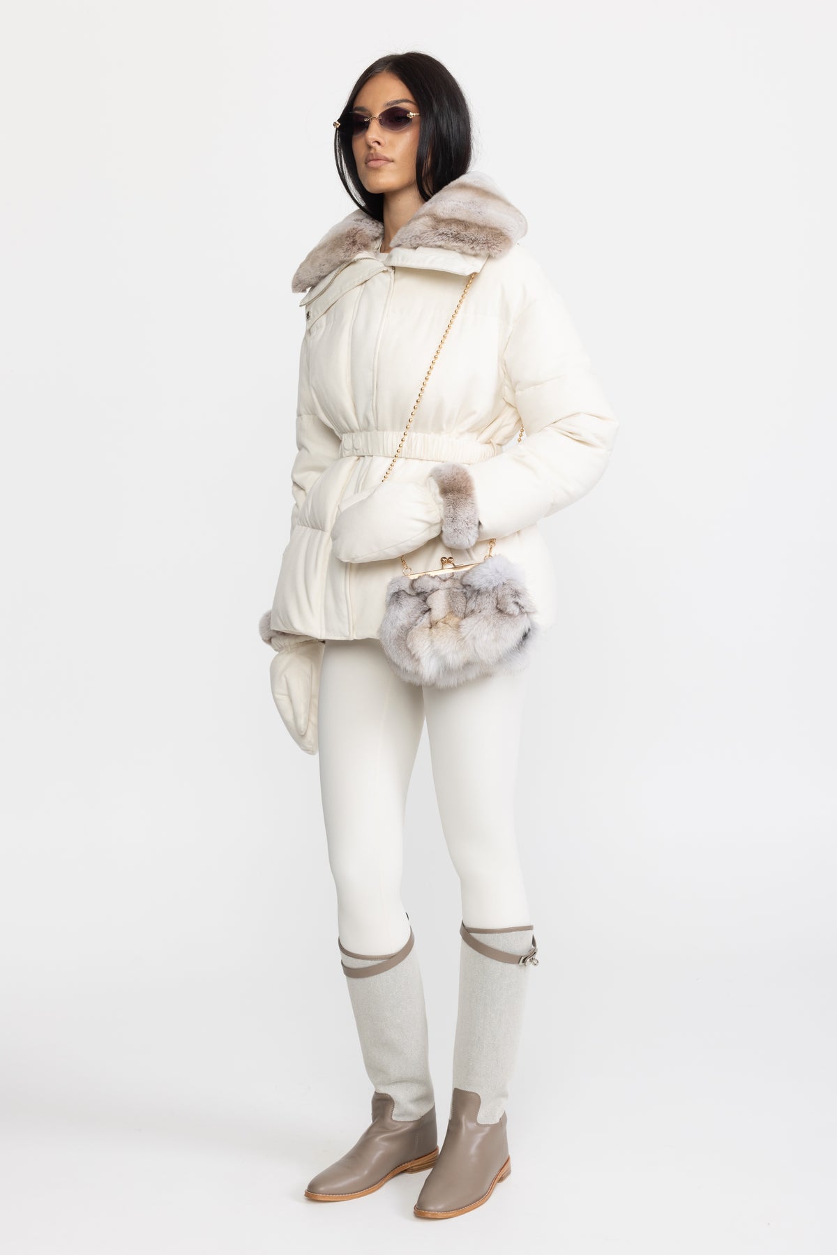 Rex Rabbit Fur Collar Cotton-Silk Down Jacket - Ivoire