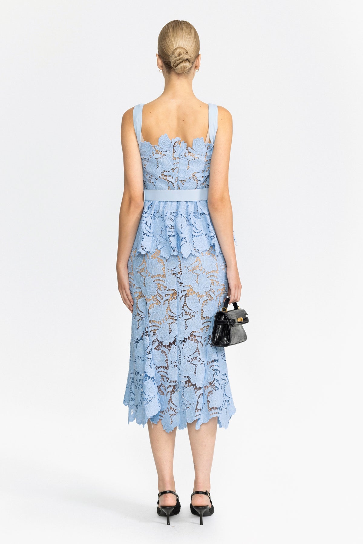 Set aus Guipure-Spitzen-Peplum-Top und Midirock - Hellblau 
