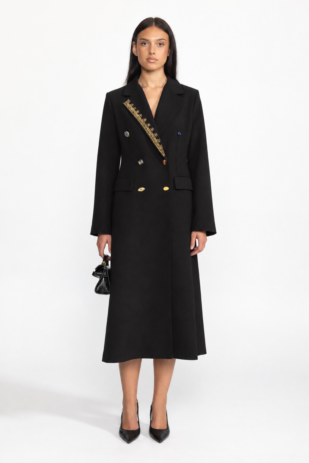 Embellished Lapel Double-Breasted Longline Coat - Black