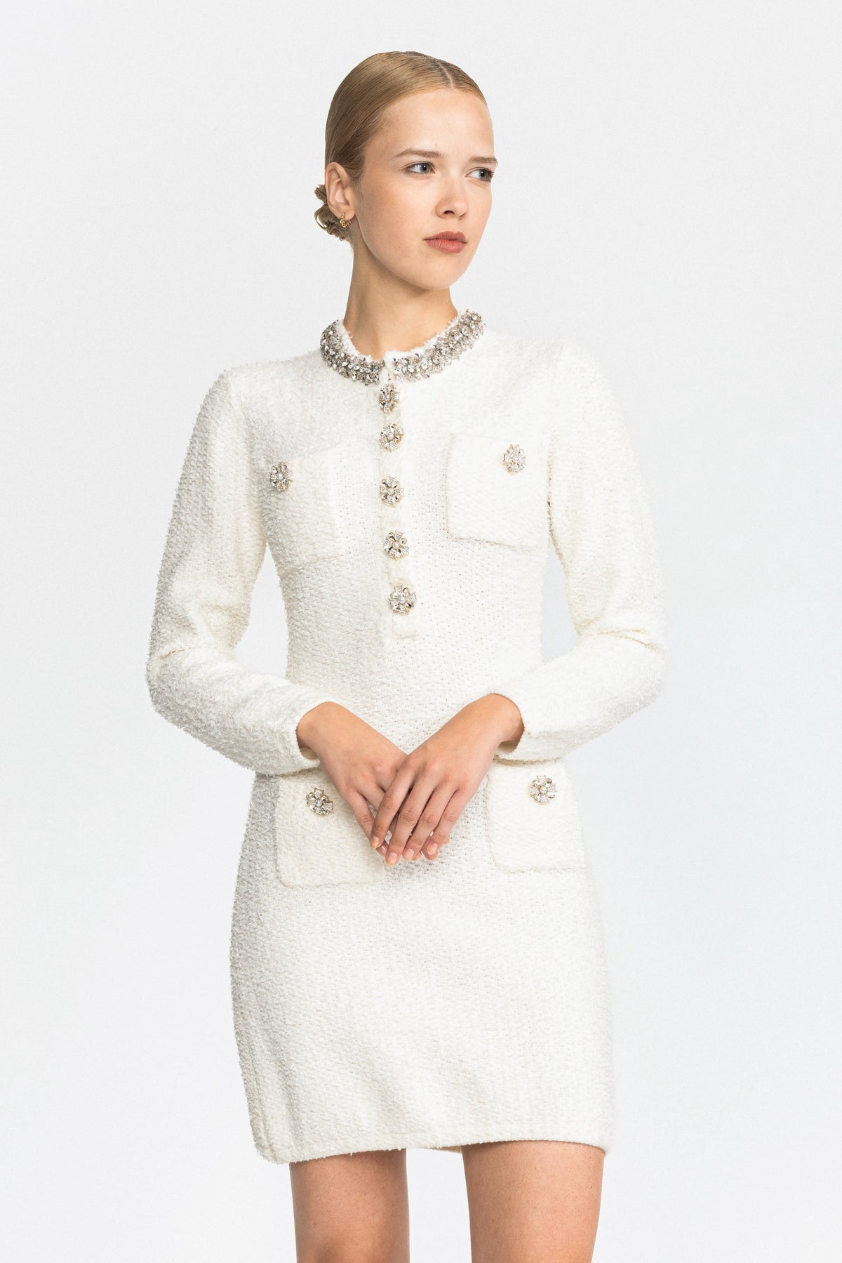 Crystal Collar Bouclé Knit Mini Dress - White