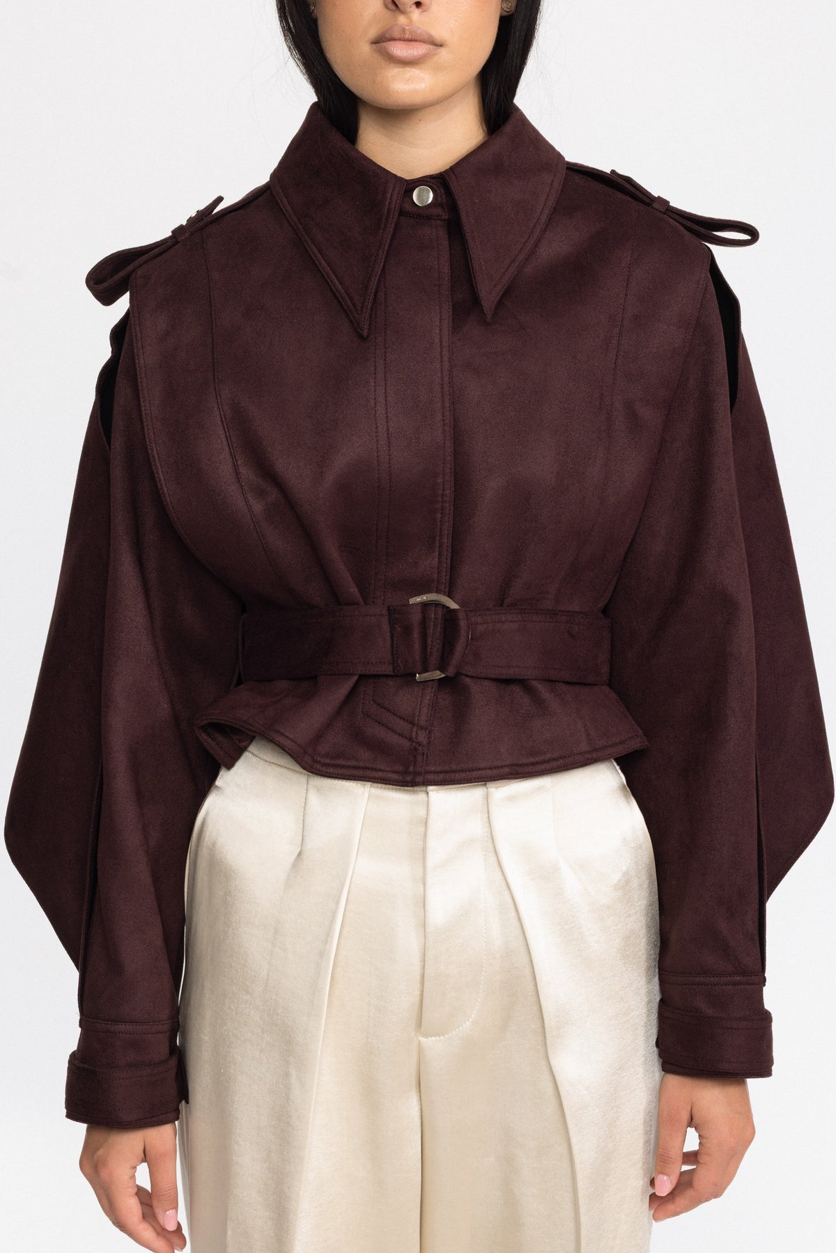 Cape-Jacke aus Veloursleder mit Gürtel - Burgunderrot 
