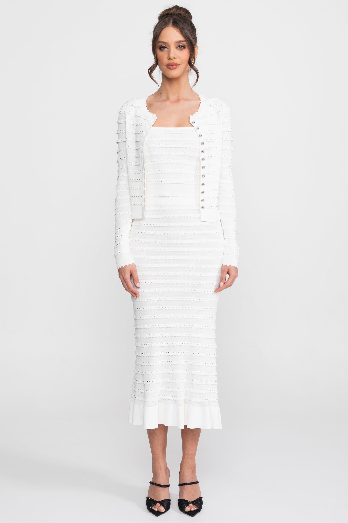 Textured Knit 3 Piece Set With Blazer, Top and Midi Skirt - White