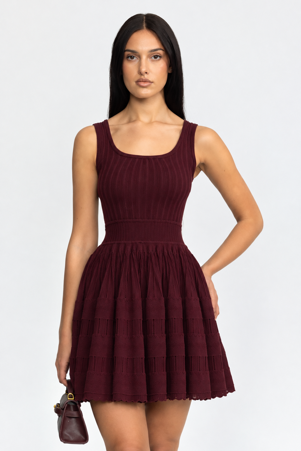 Skater-Minikleid aus Pointelle-Strick - Weinrot 