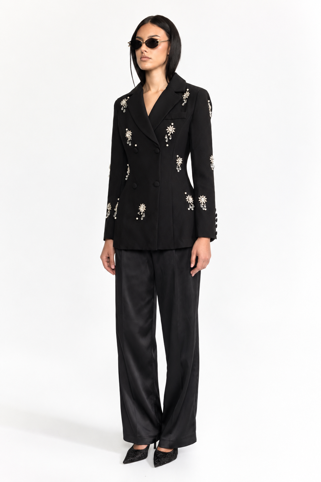 Crystal Brooch Embellished Double-Breasted Blazer - Black