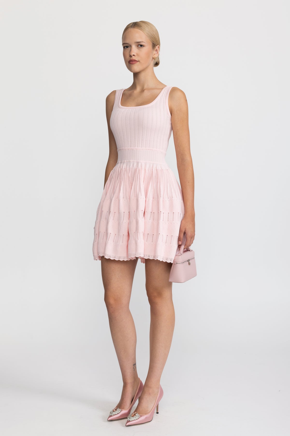 Skater-Minikleid aus Pointelle-Strick - Rosa 