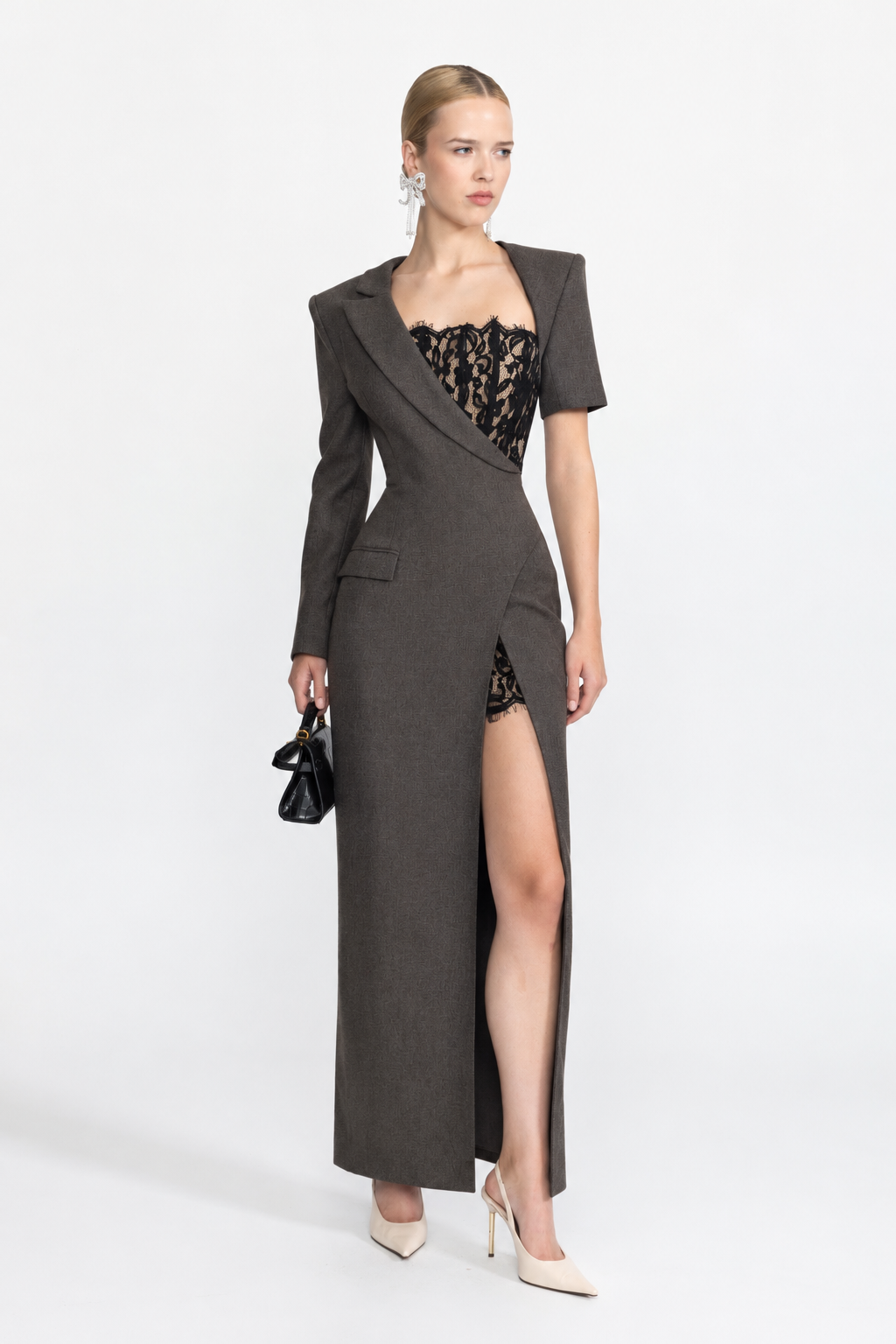 Asymmetrisches Blazer-Maxikleid mit Spitzen-Bustier - Anthrazit 