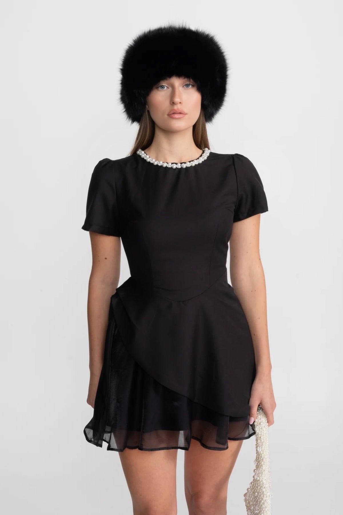 Pearl-Trim Satin Mini Dress - Black