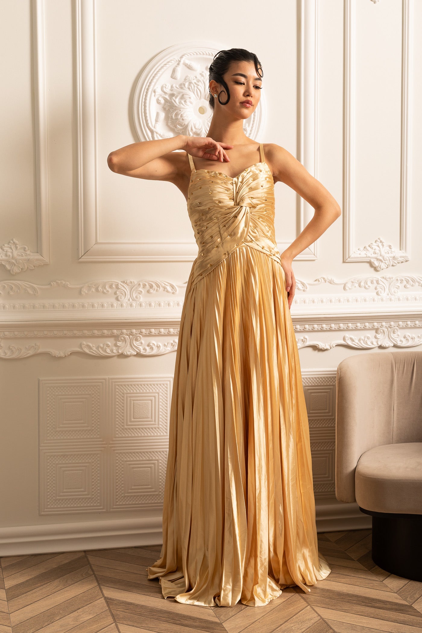 Cascade Gown With Back Lace Detail - Gold