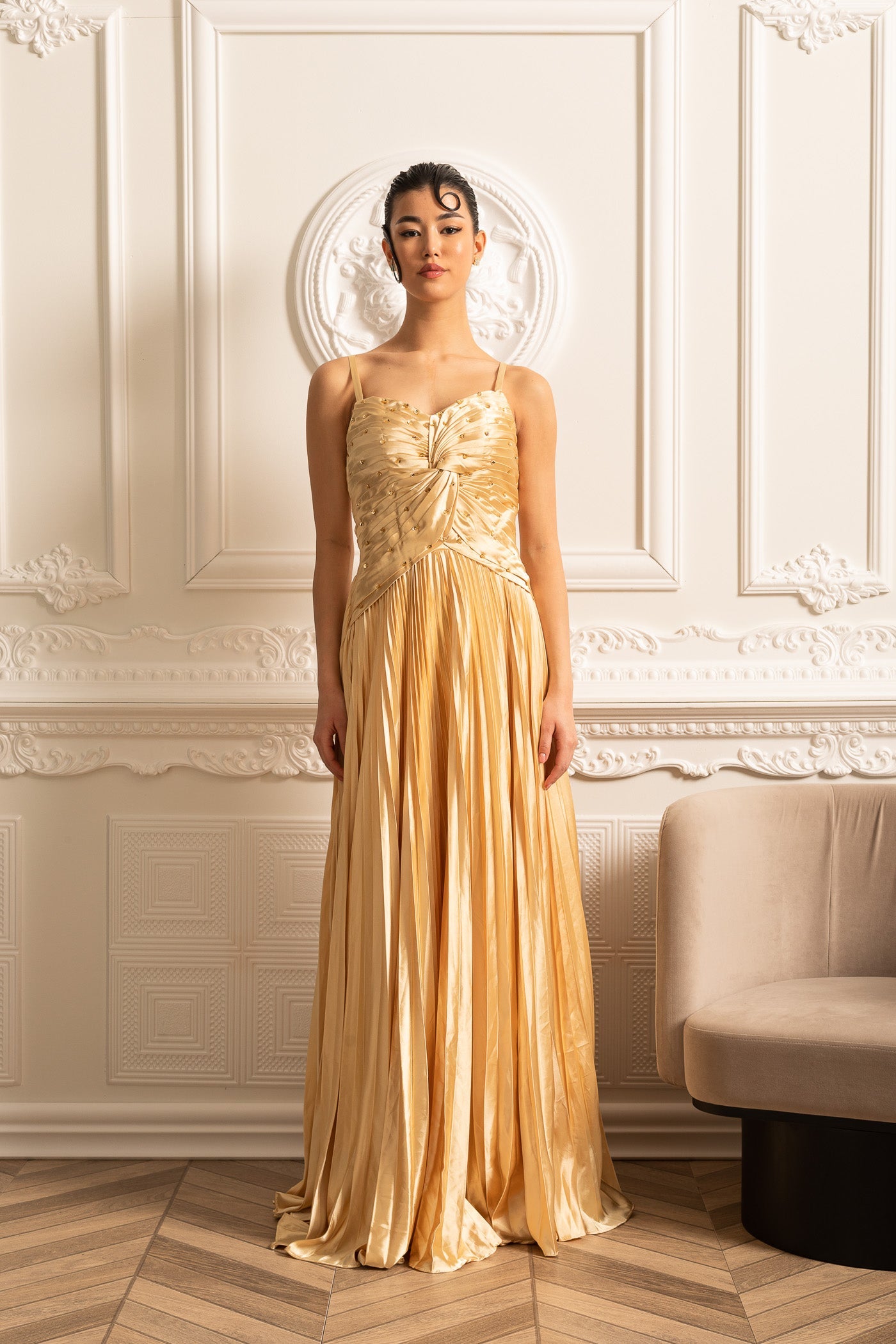 Cascade Gown With Back Lace Detail - Gold