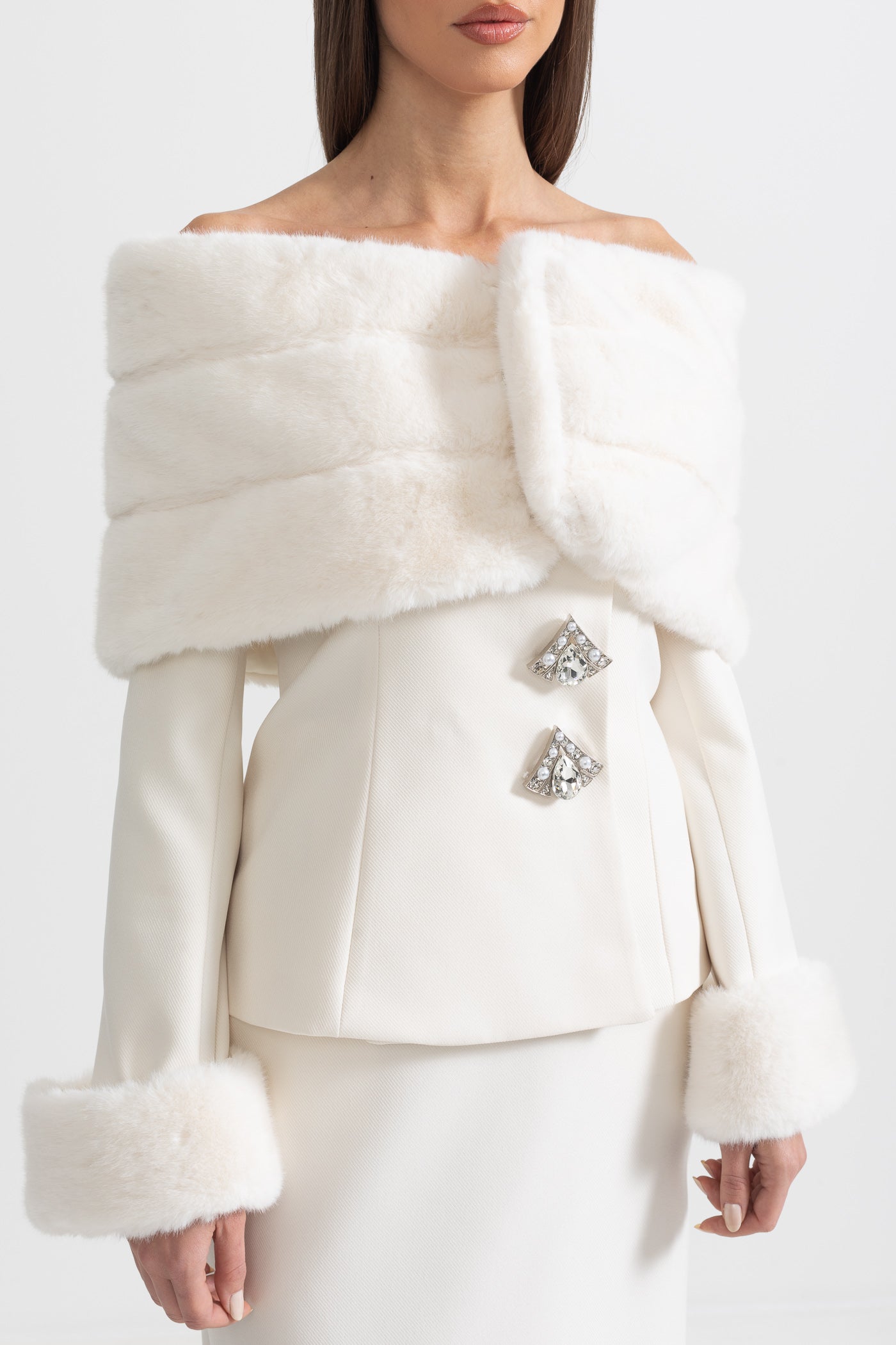 Two-Piece Ensemble With Faux Fur Shawl, Cuffs And Midi Skirt - White