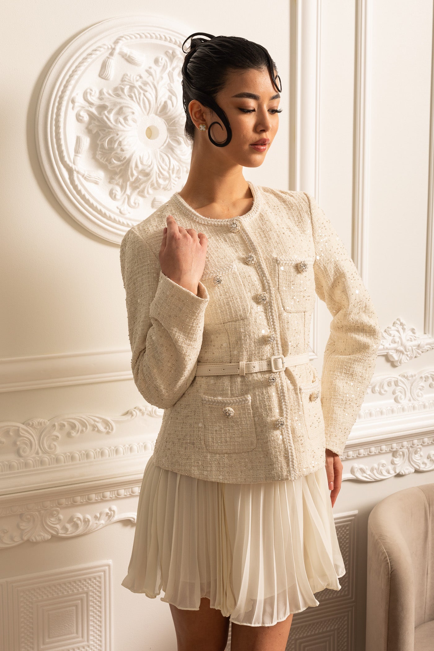 Textured Mini Dress With Pockets And Sheer Pleated Skirt - Beige