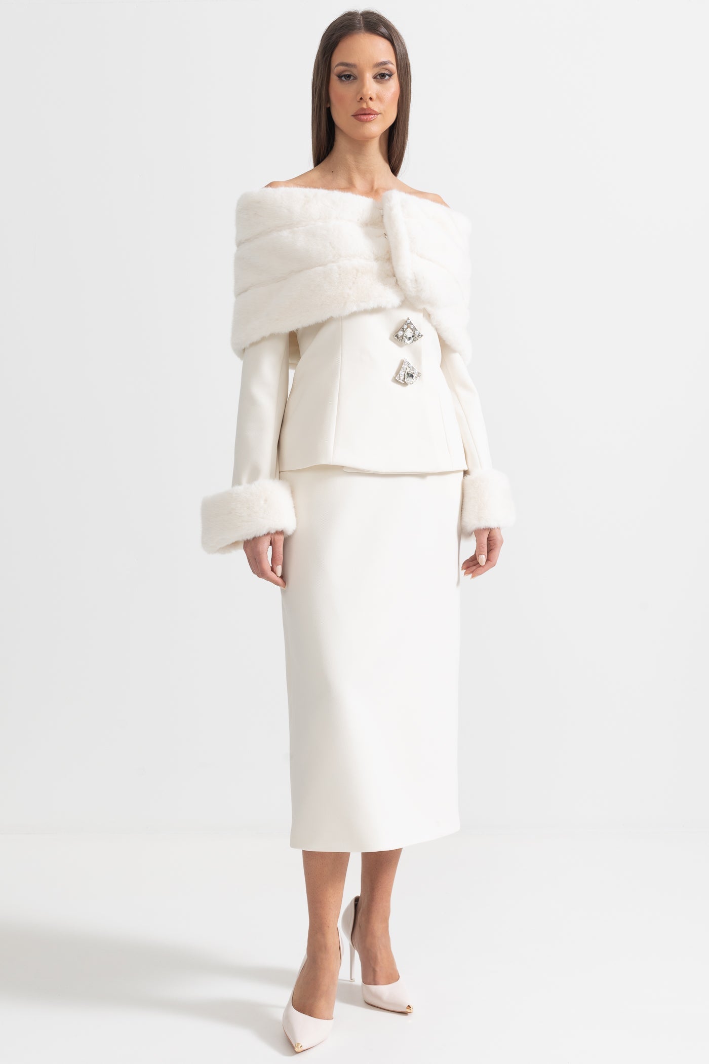 Two-Piece Ensemble With Faux Fur Shawl, Cuffs And Midi Skirt - White