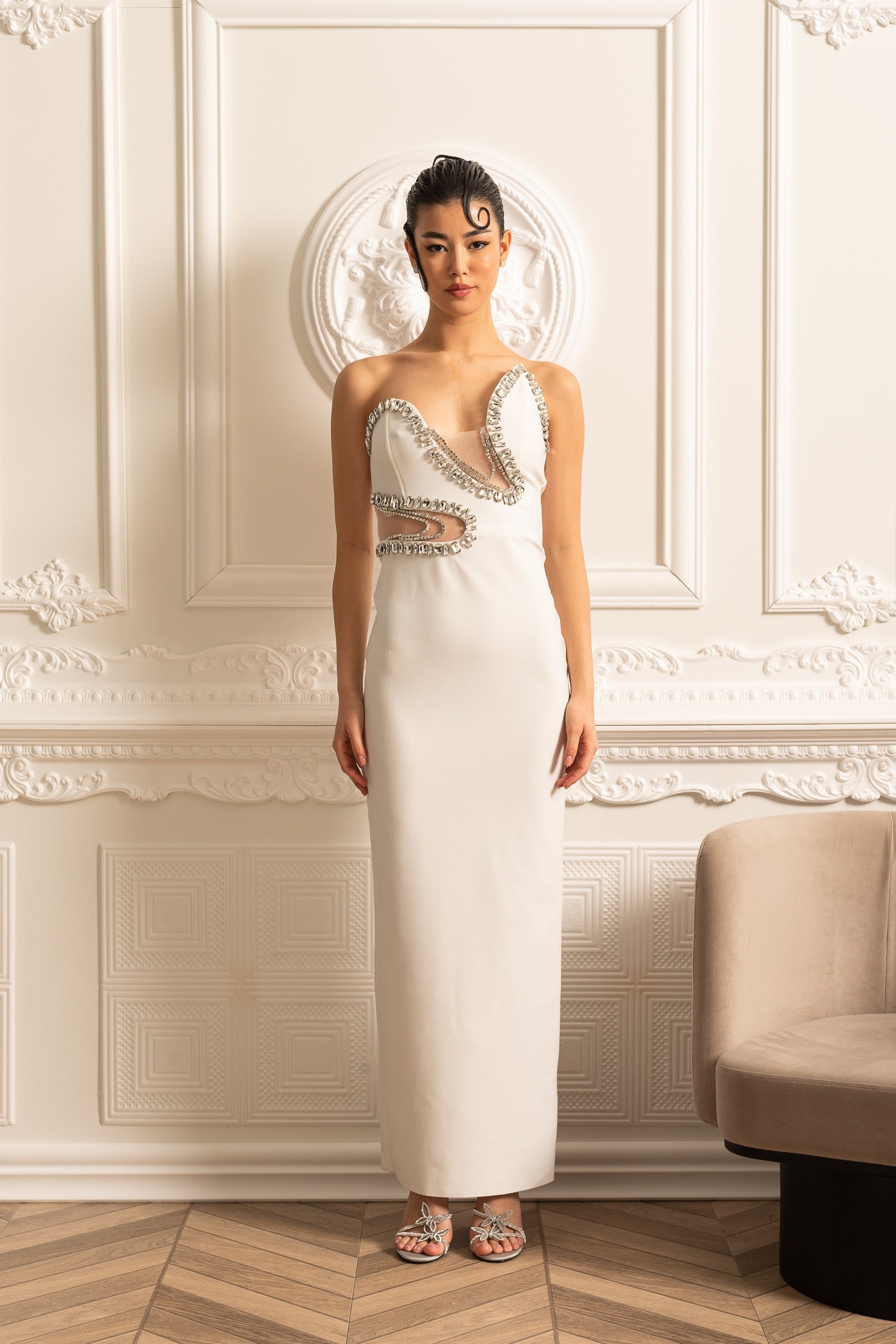 Elegant Fitted Dress With Front Cutouts And Sparkling Embellishments - White