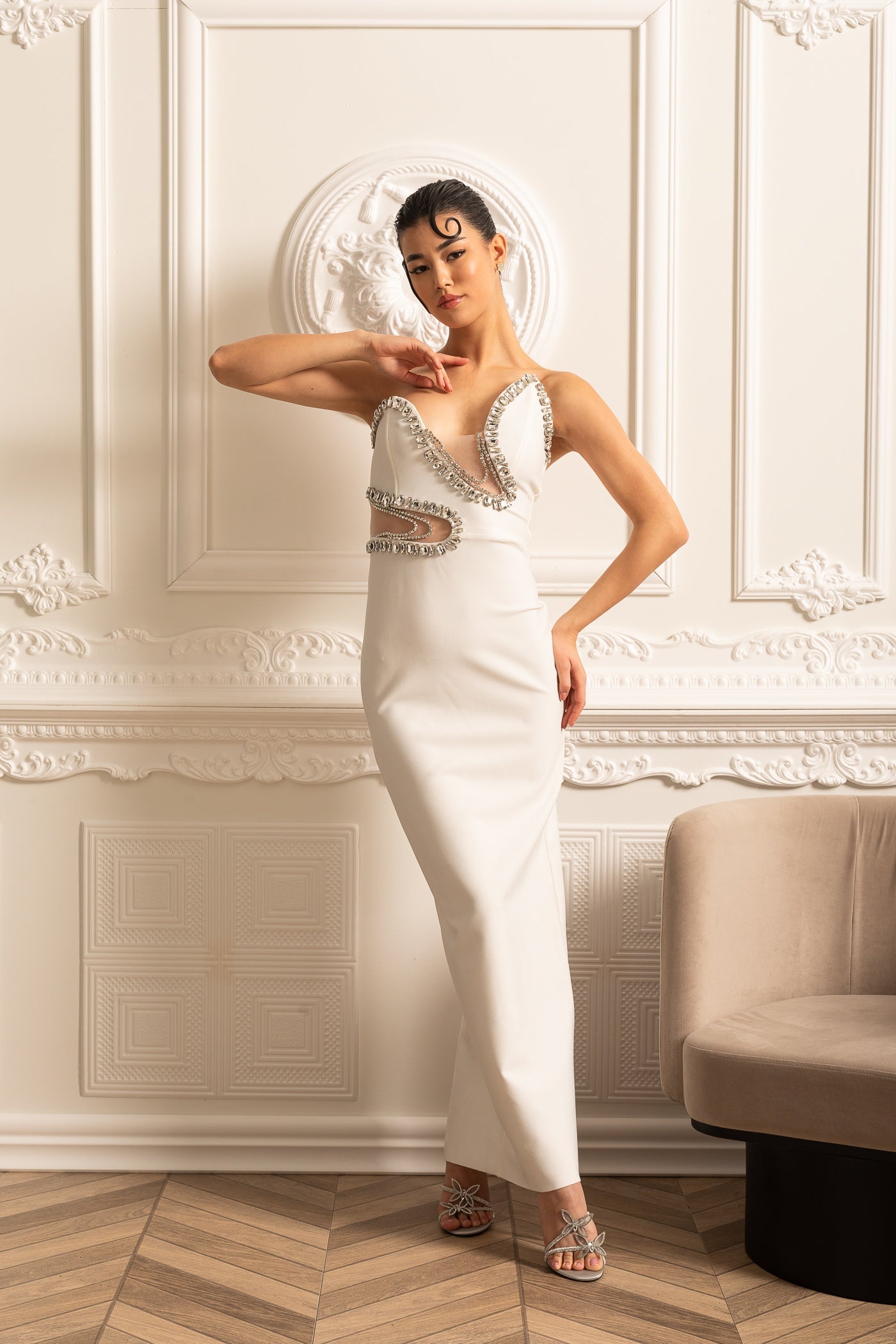 Elegant Fitted Dress With Front Cutouts And Sparkling Embellishments - White