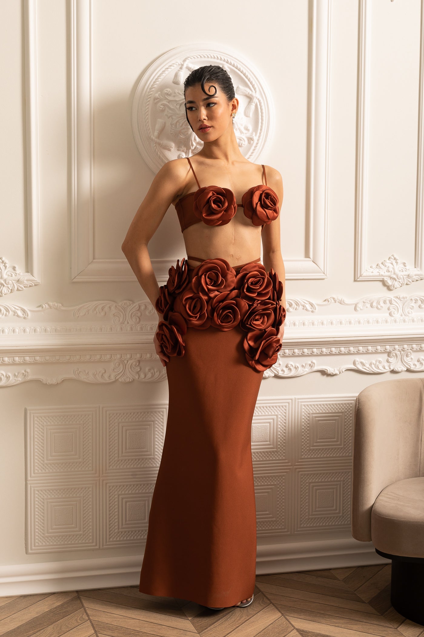 Elegant Satin Co-Ord Set With 3D Floral Embellishments - Brown