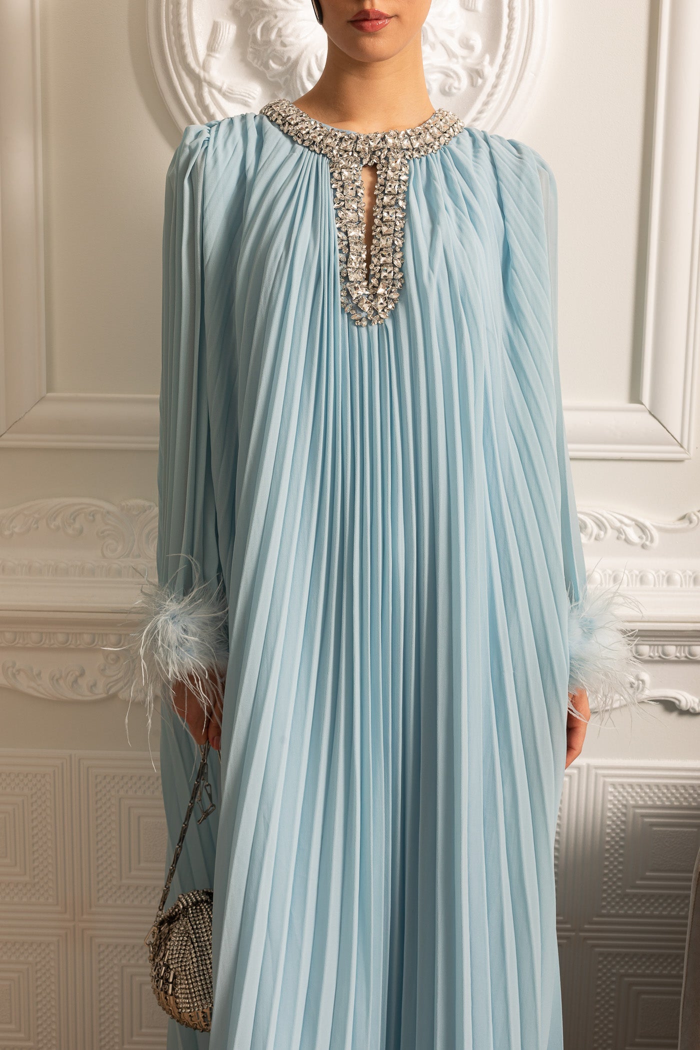 Pleated Long Dress With Feathered Cuffs And Sparkling Neckline - Blue