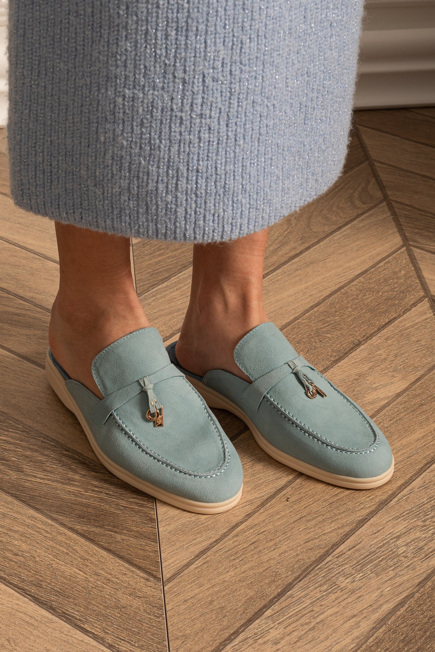 Suede Loafers With Contrasting Sole And Metal Charms - Baby Blue
