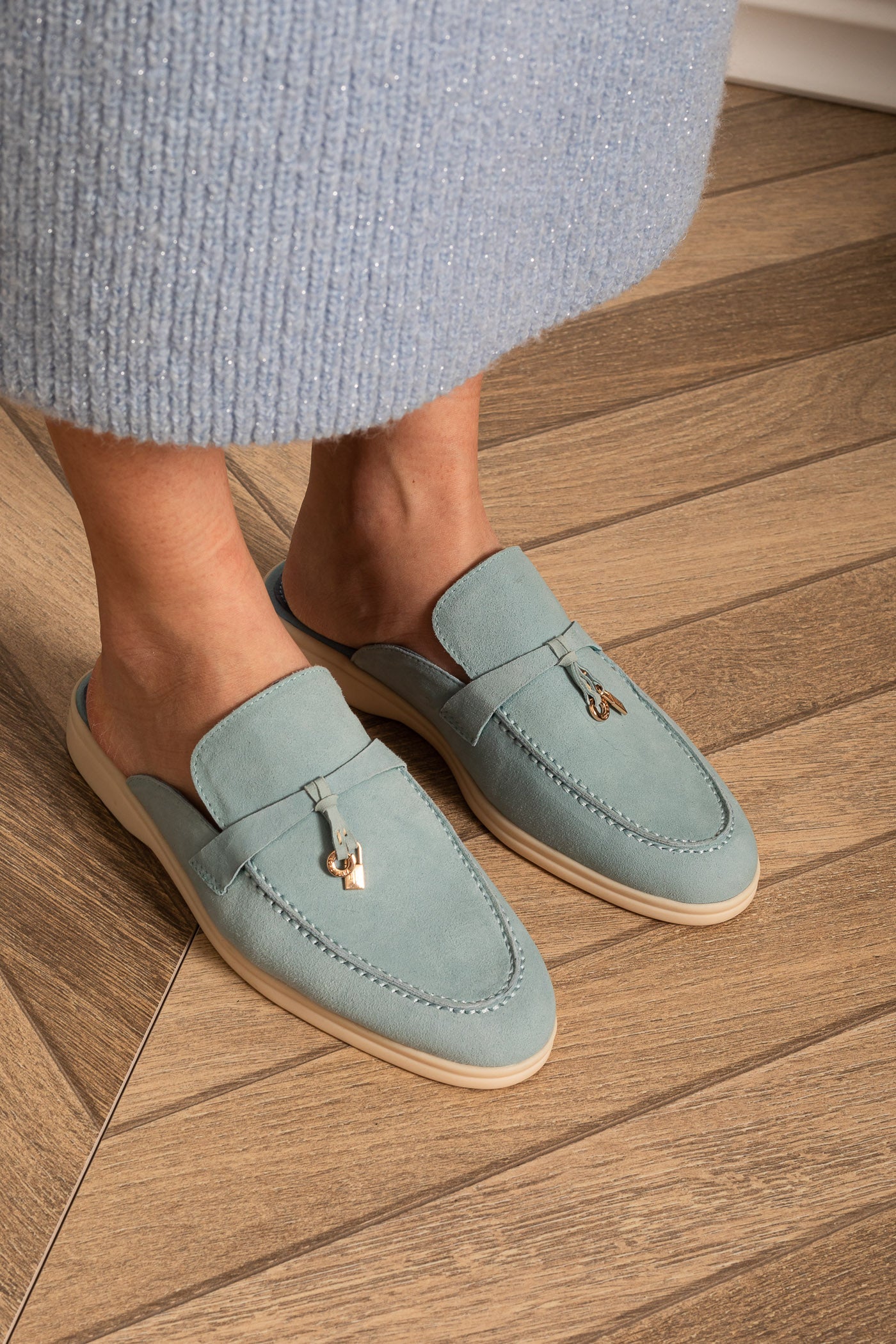 Suede Loafers With Contrasting Sole And Metal Charms - Baby Blue