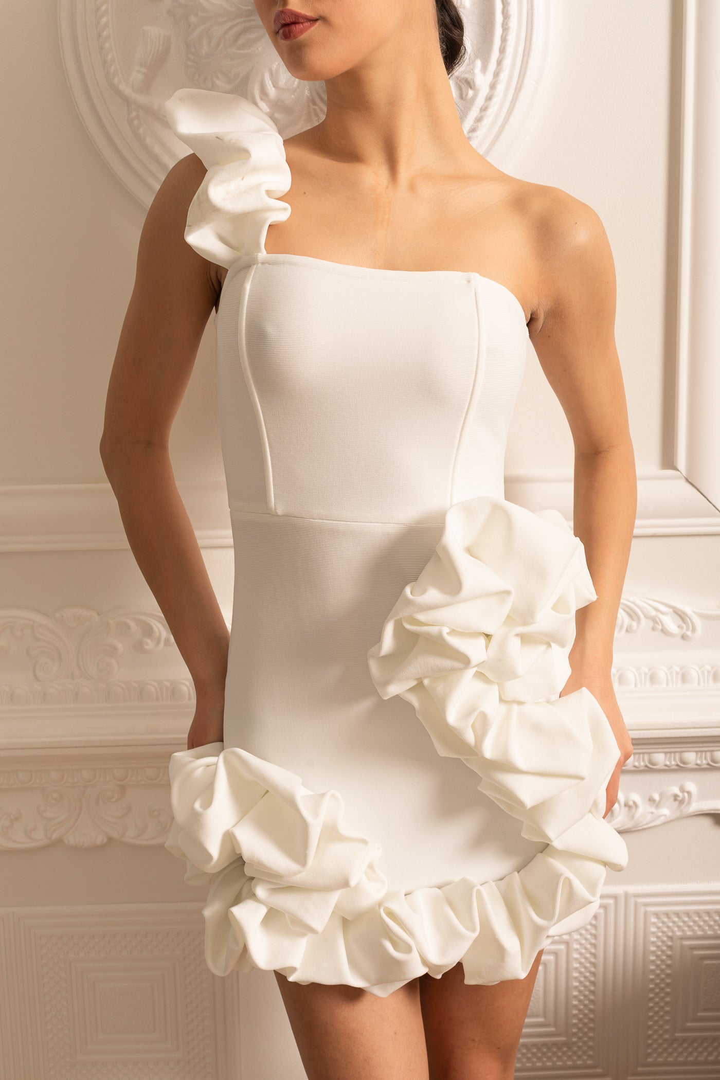 Floral Mini Dress With Ruffled Hem And Shoulder Strap - White