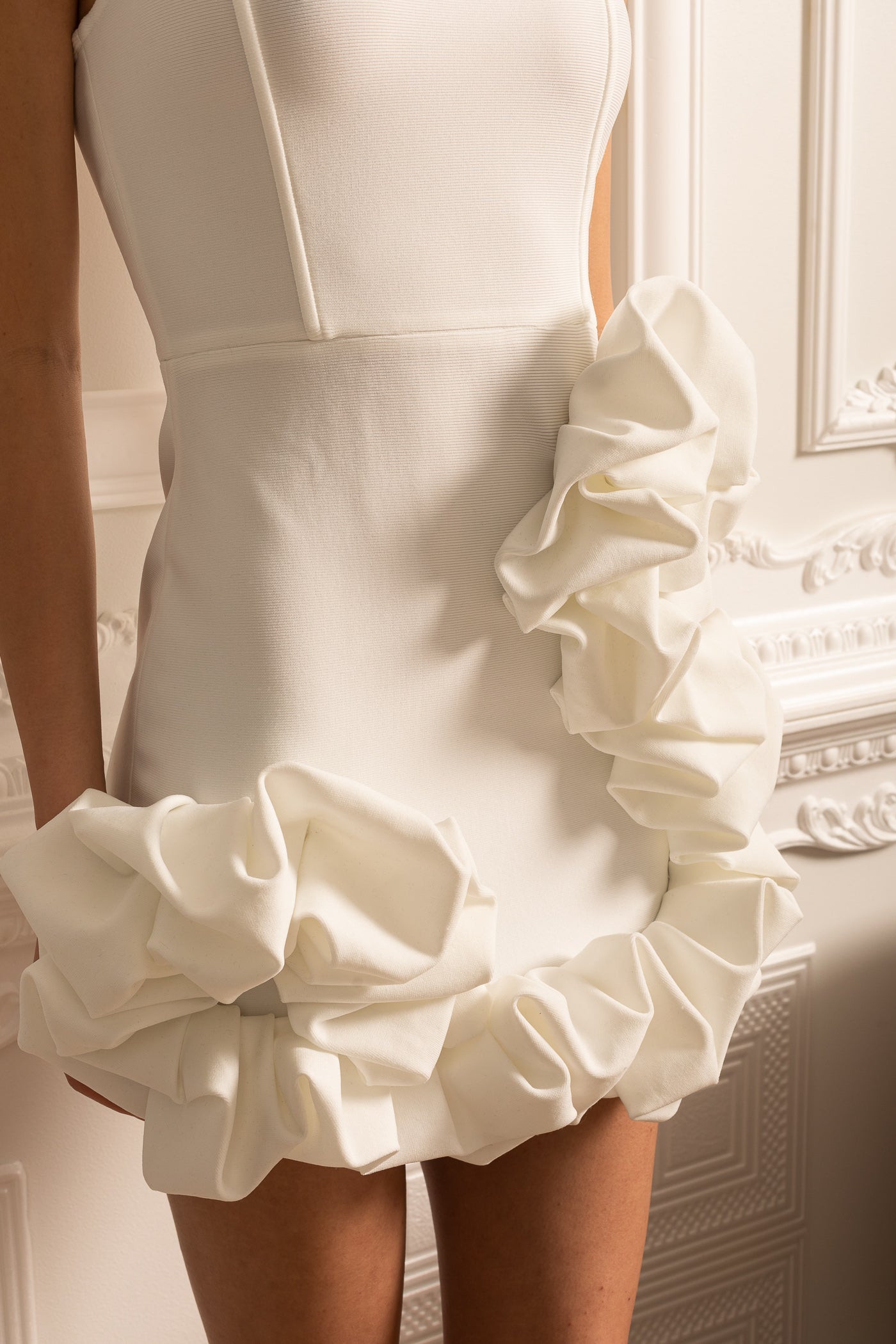 Floral Mini Dress With Ruffled Hem And Shoulder Strap - White