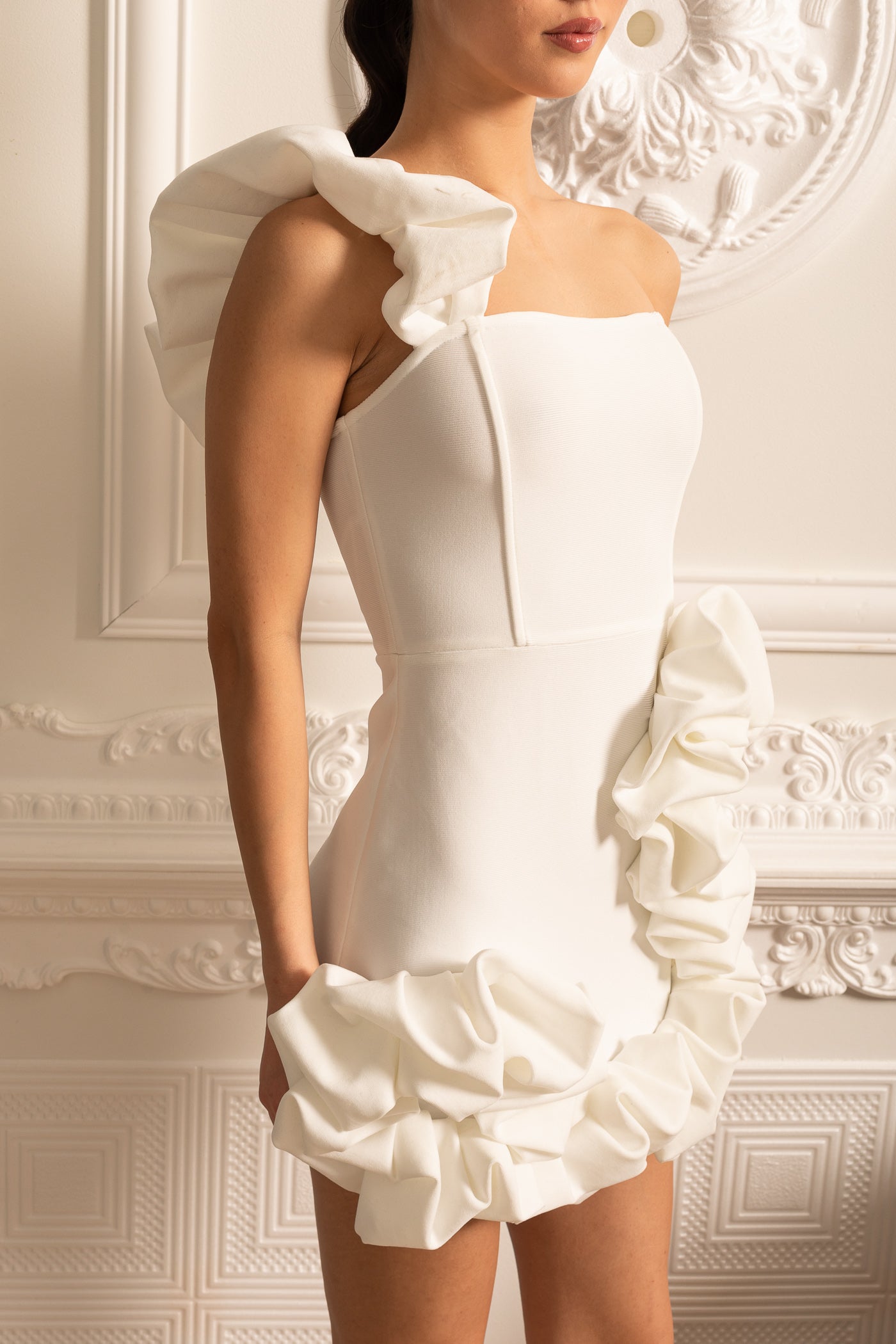 Floral Mini Dress With Ruffled Hem And Shoulder Strap - White