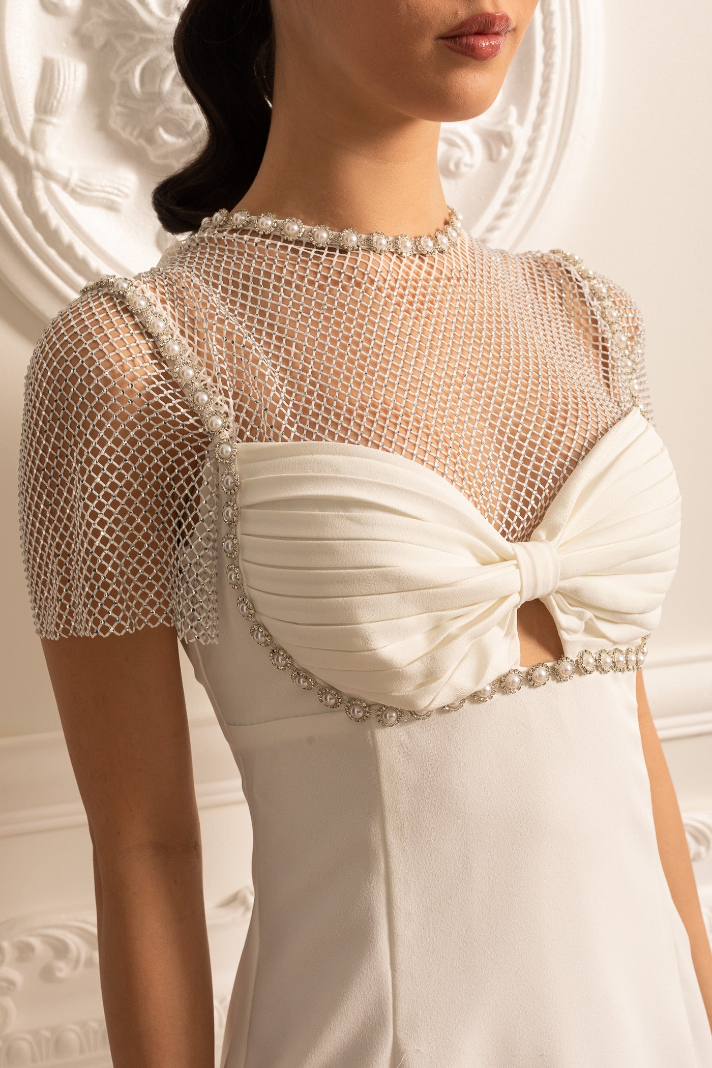 Elegant Mini Dress With Mesh Top  And Pearl Embellishments- White