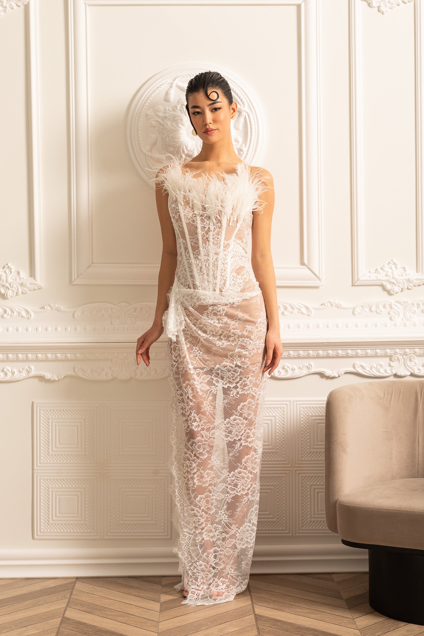Delicate Lace Gown With Feather Embellished Neckline - White