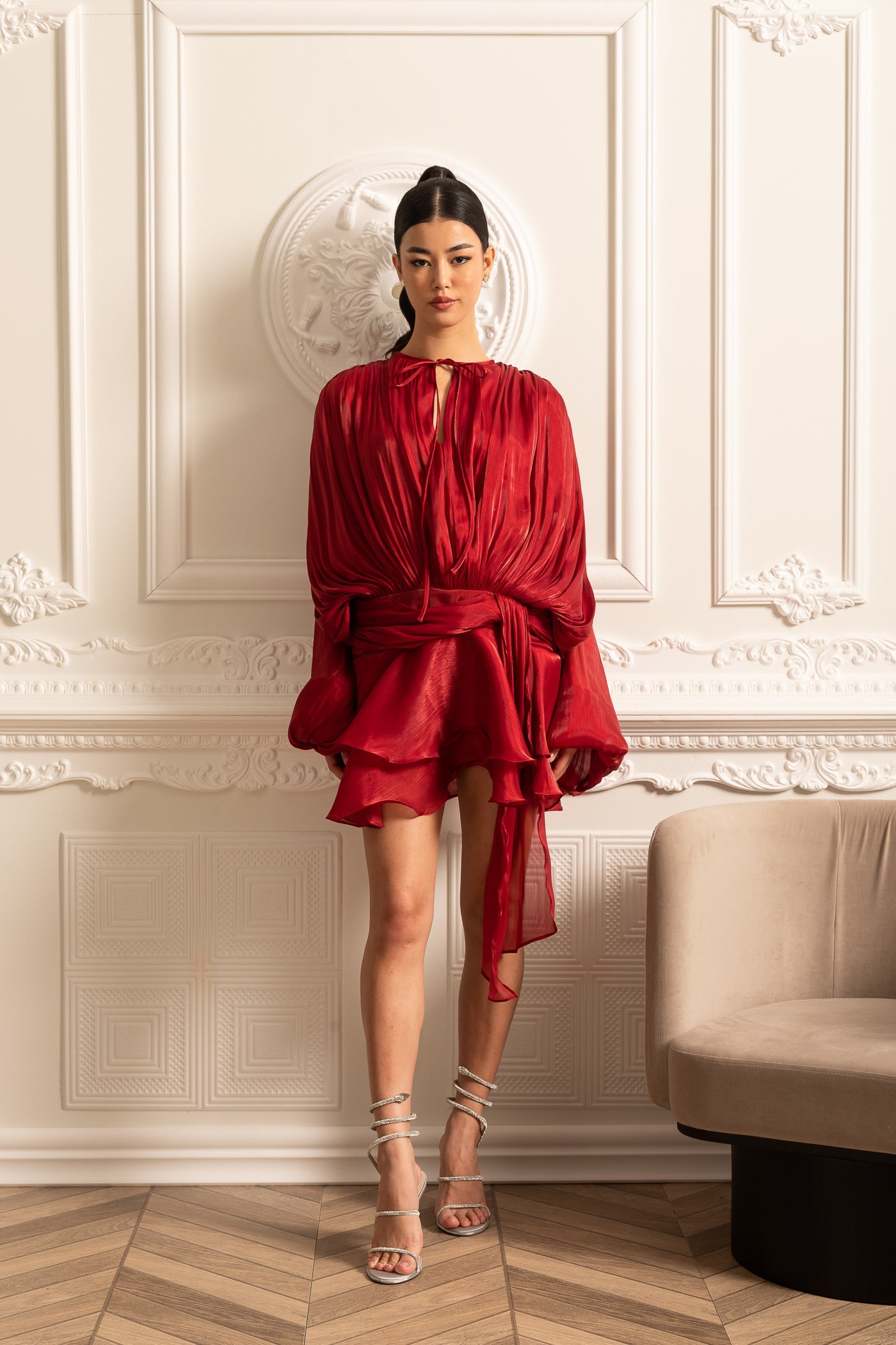 Draped Long-Sleeved Dress with Mini Skirt And Ruched Waistband - Red