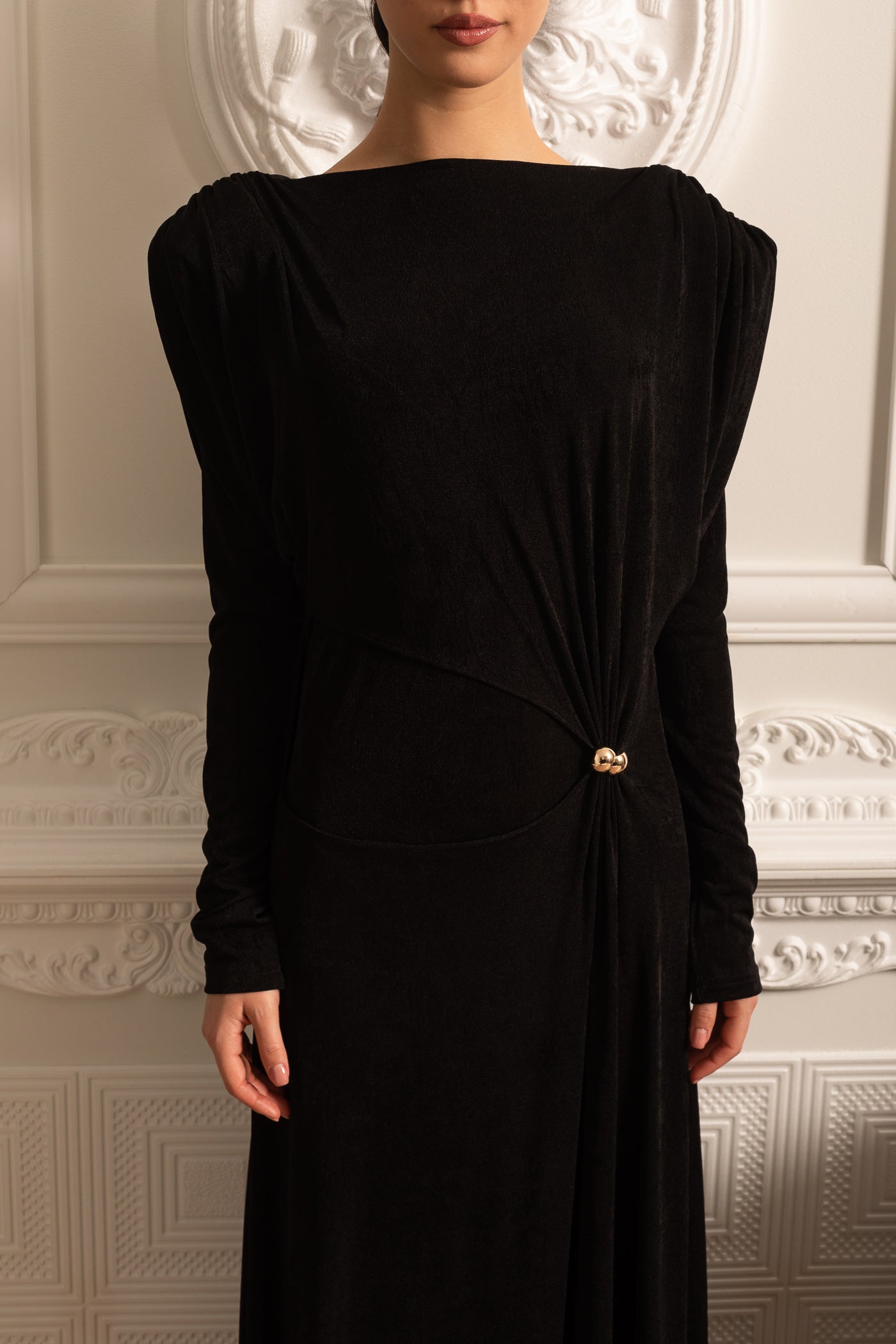 Elegant Long-Sleeved Layered Dress with Structured Shoulders - Black