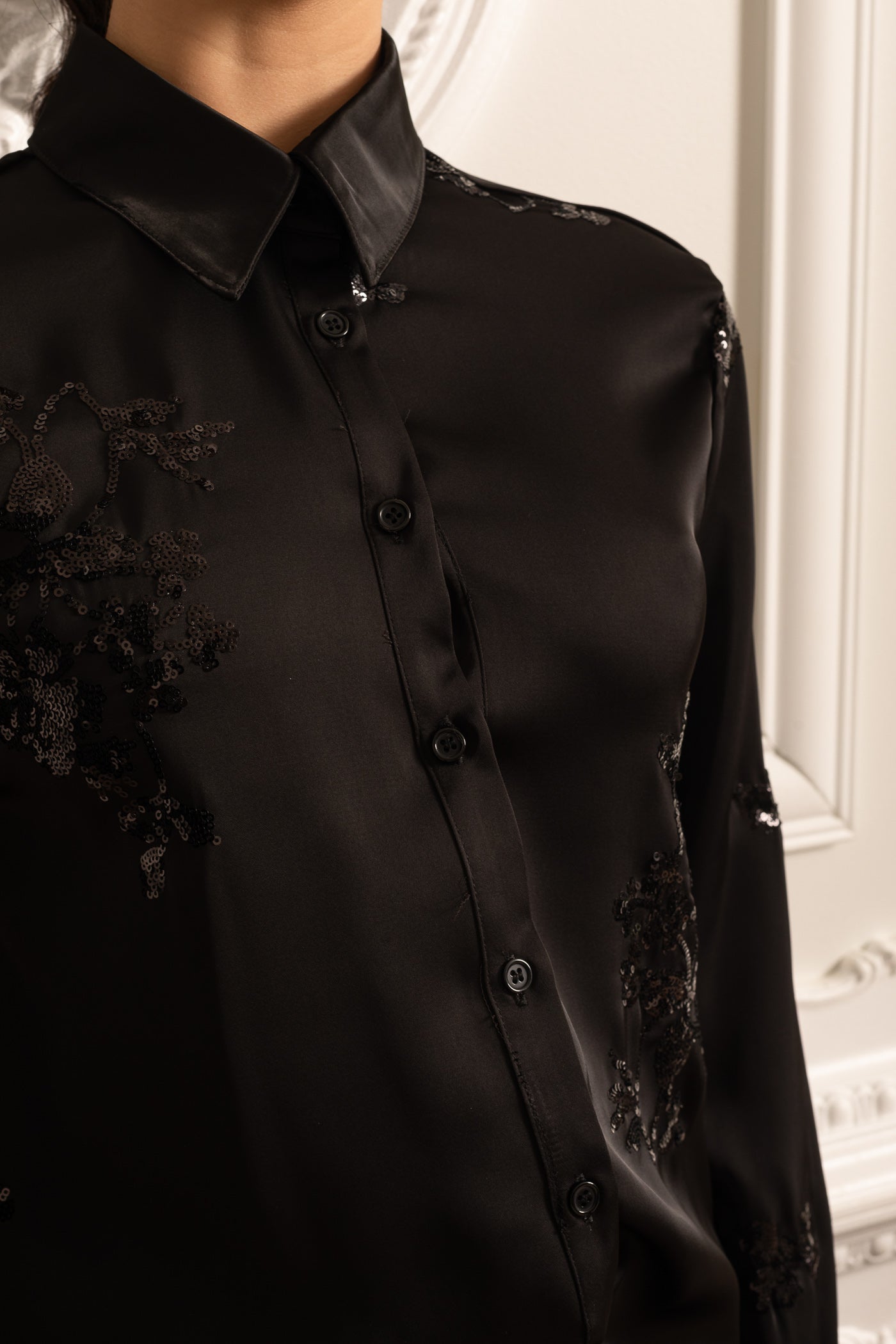 Sequin Embellished Satin Set With Long Sleeved Shirt And Coordinated Pants - Black