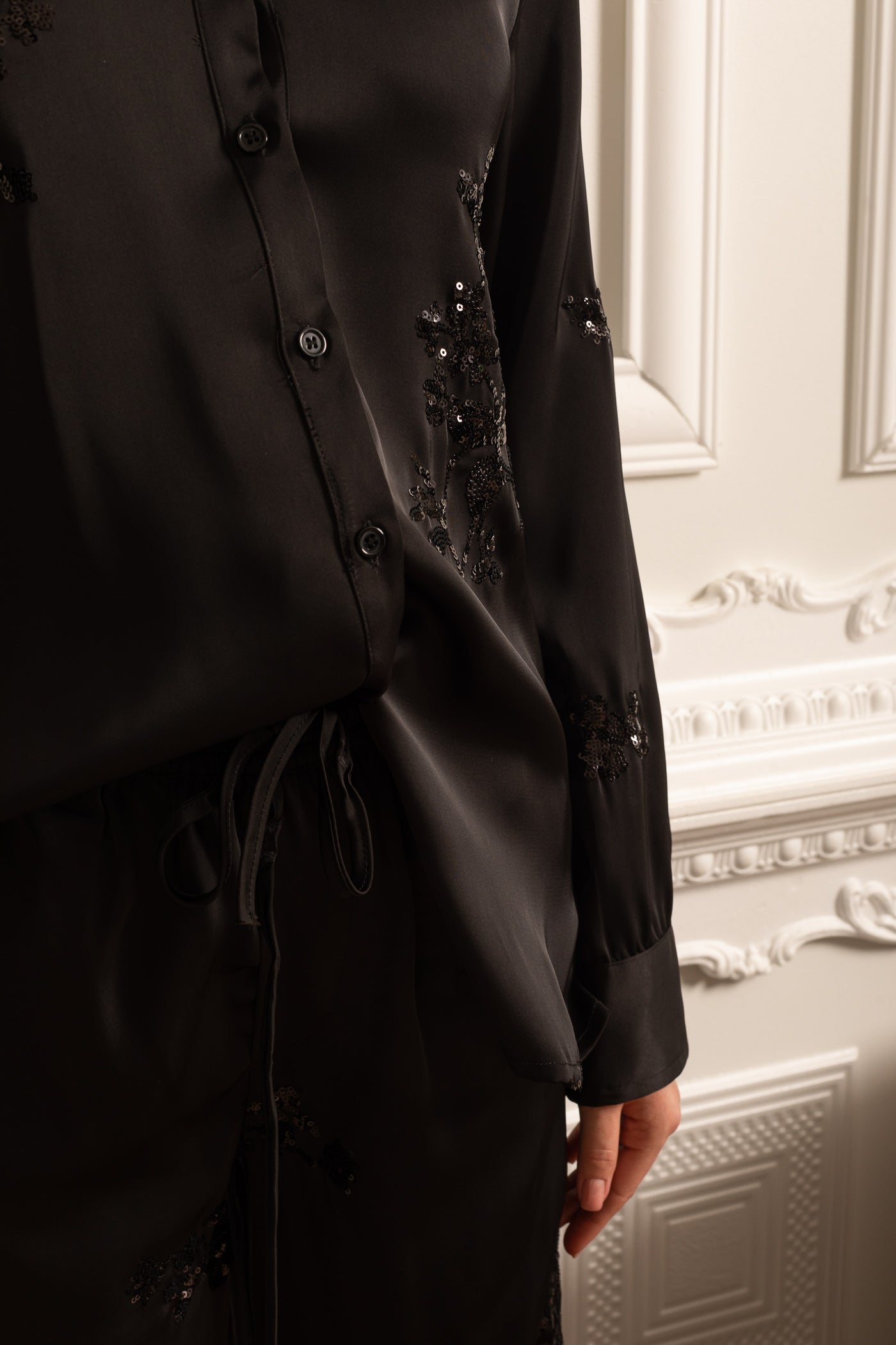 Sequin Embellished Satin Set With Long Sleeved Shirt And Coordinated Pants - Black