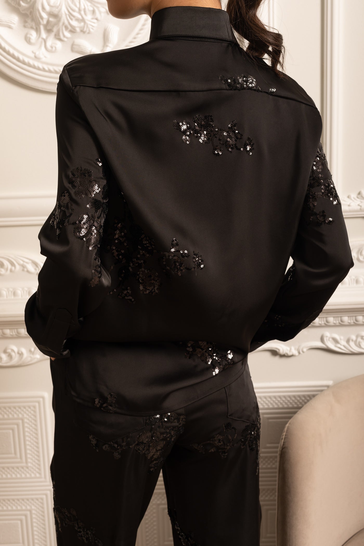 Sequin Embellished Satin Set With Long Sleeved Shirt And Coordinated Pants - Black