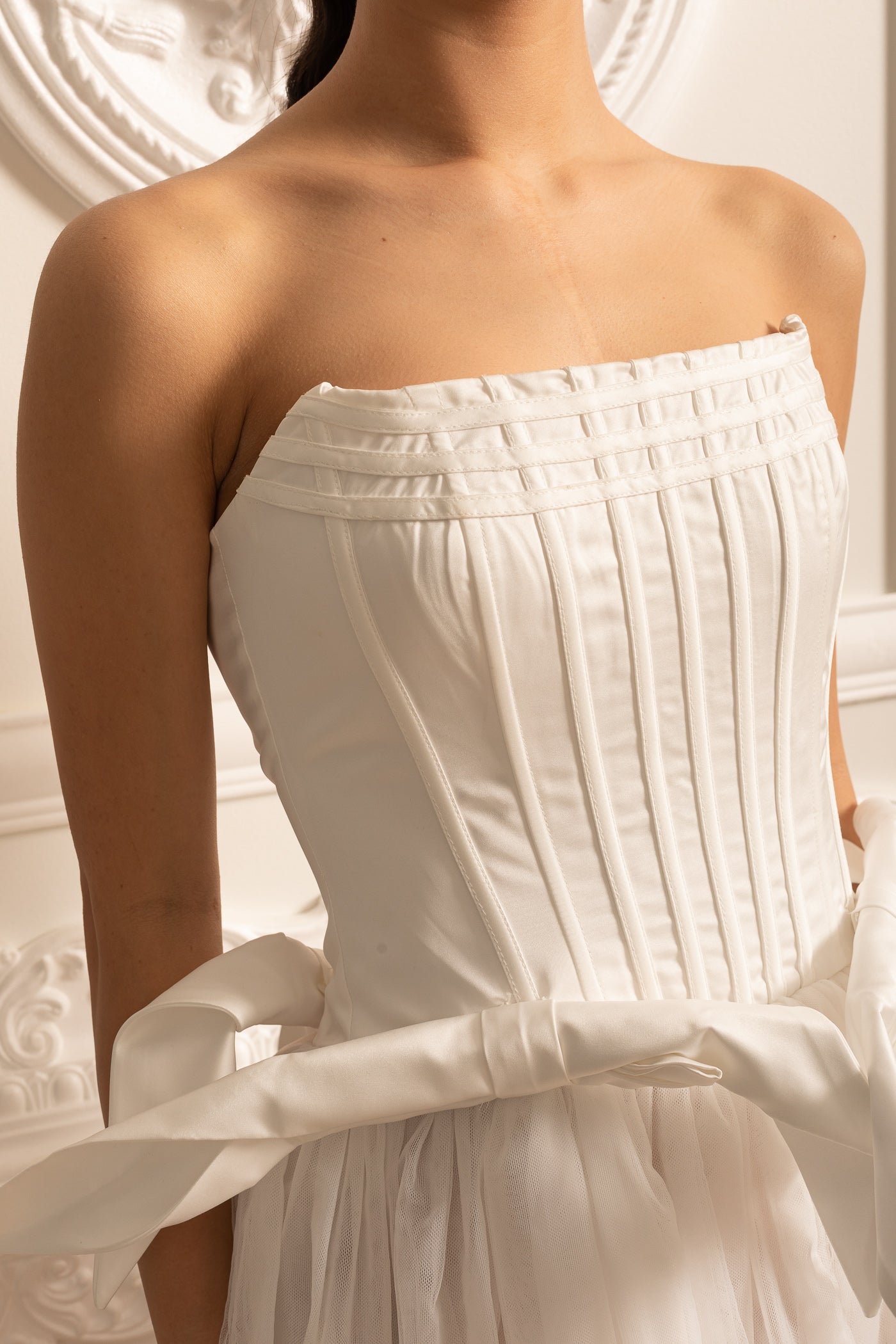 Corset Dress With Tulle Mini Skirt And Waist Bows - White