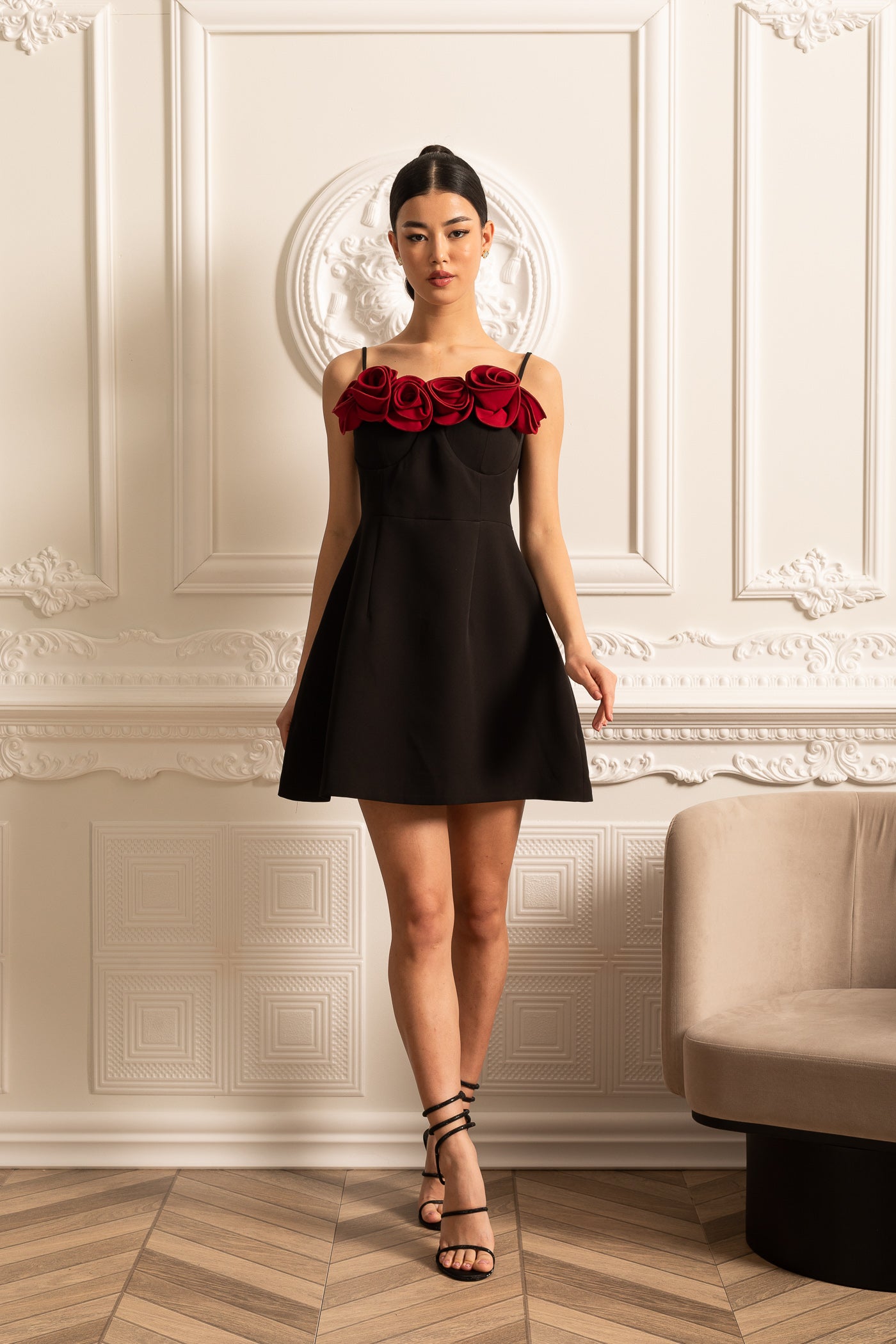 Sleeveless Mini Dress With Flared Skirt And Red Rose Embellishments - Black