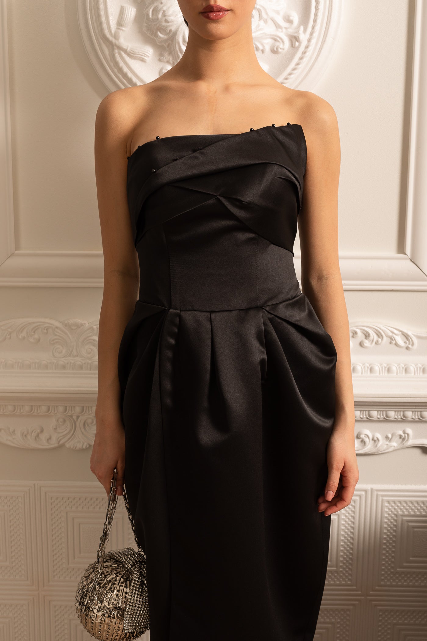 Strapless Midi Dress With Ruched Chest Detailing - Black