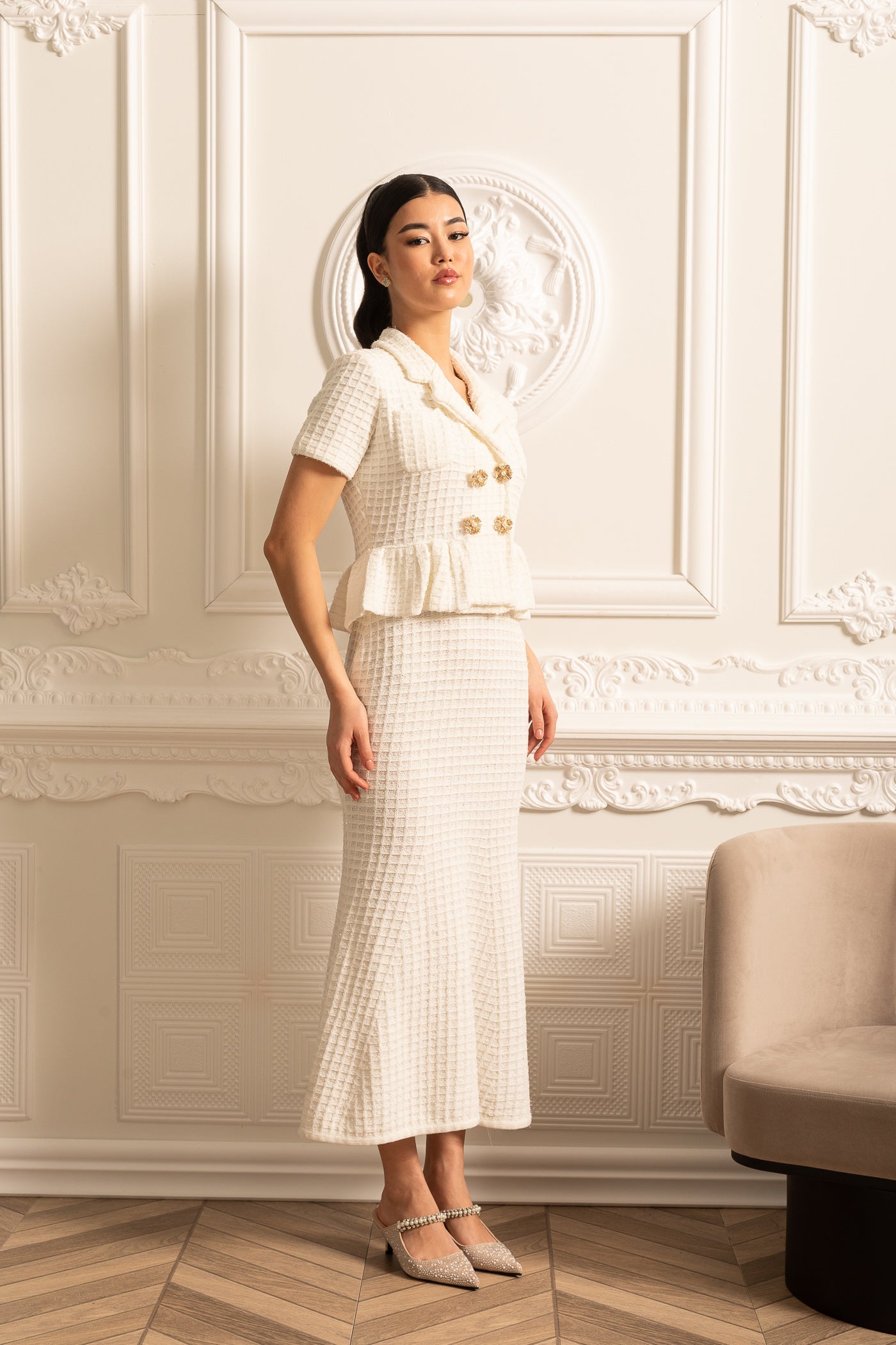 Knitted Midi Dress With Gold Buttons And Peplum Waist - White