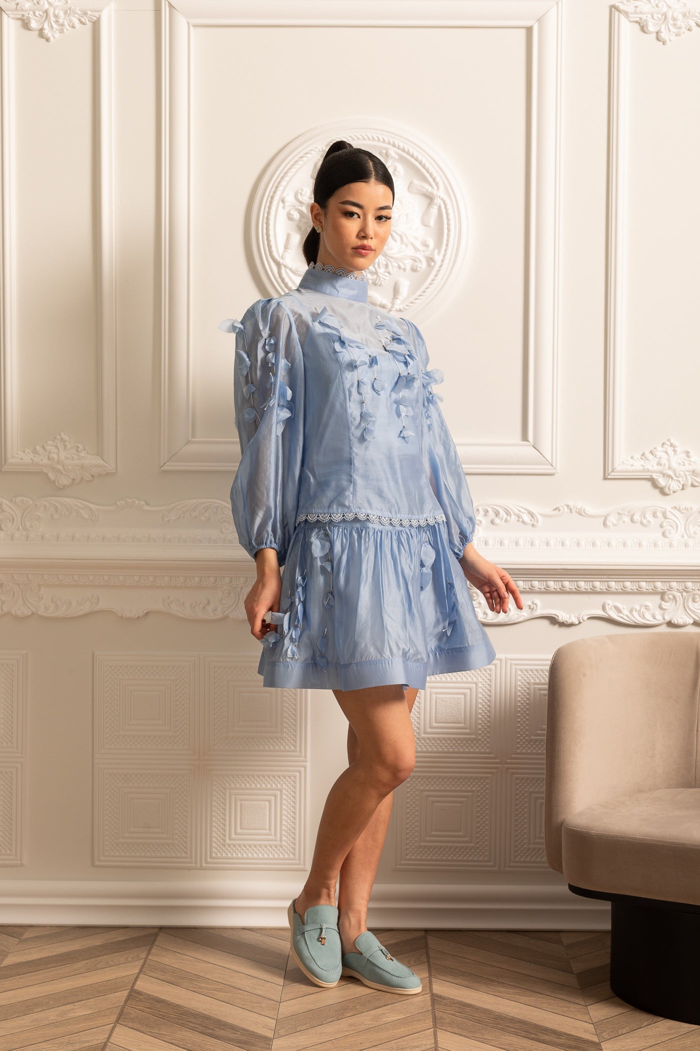 Elegant Floral Co-Ord With Delicate Lace Trim Accents - Blue