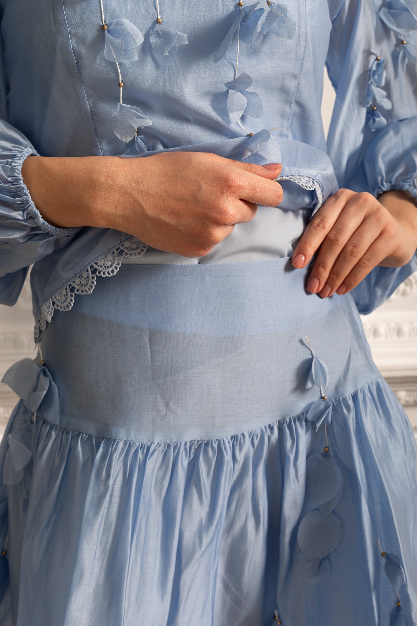 Elegant Floral Co-Ord With Delicate Lace Trim Accents - Blue
