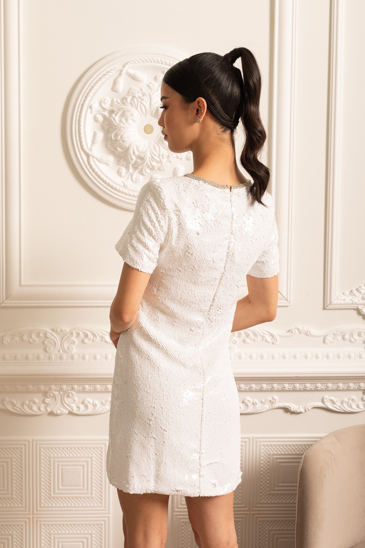 Sequin Mini Dress With Floral Brooches And Sparkling Neckline - White