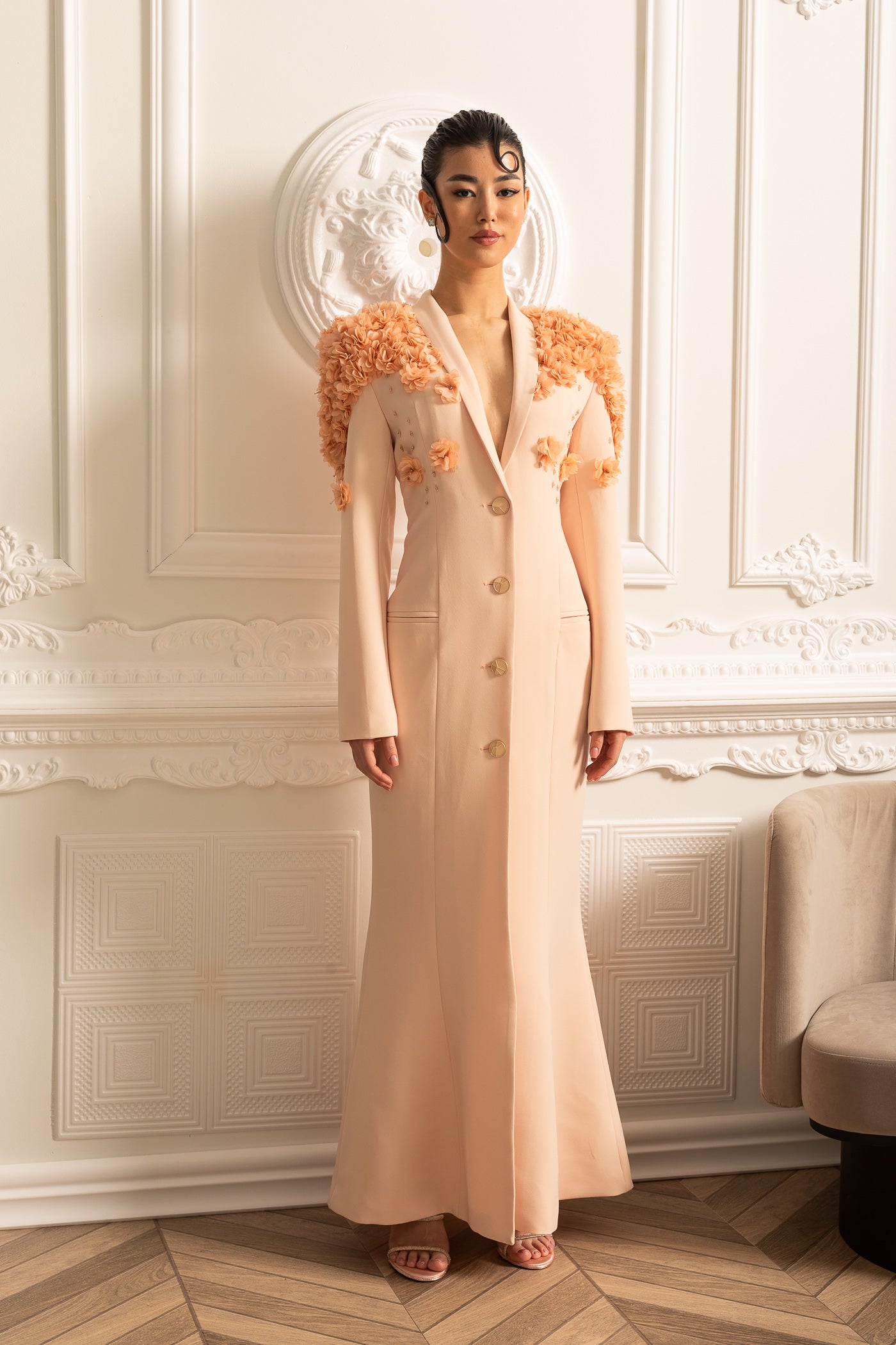 Long Blazer With 3D Contrasting Floral Shoulder And Back Accents - Peach