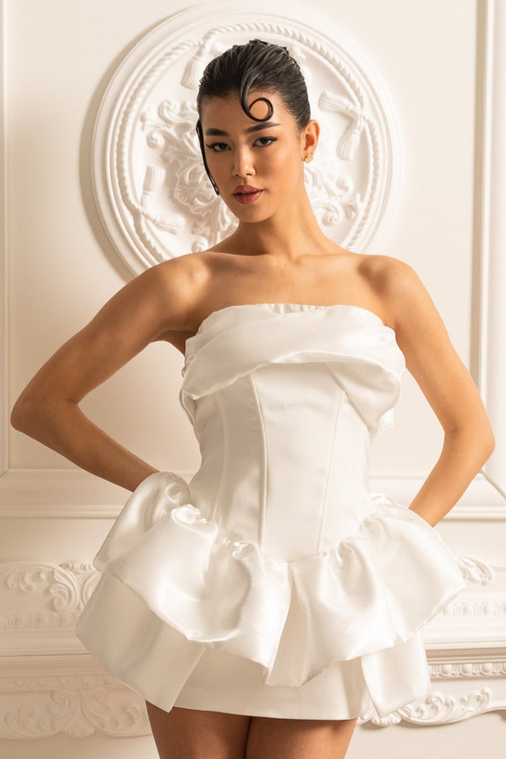 Mini Satin Dress With Fitted Bodice And Ruffled Skirt - White