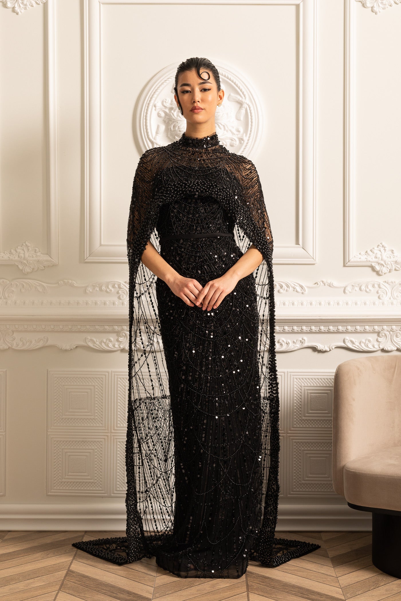 Glamourous Beaded Gown With Detachable Veil - Black