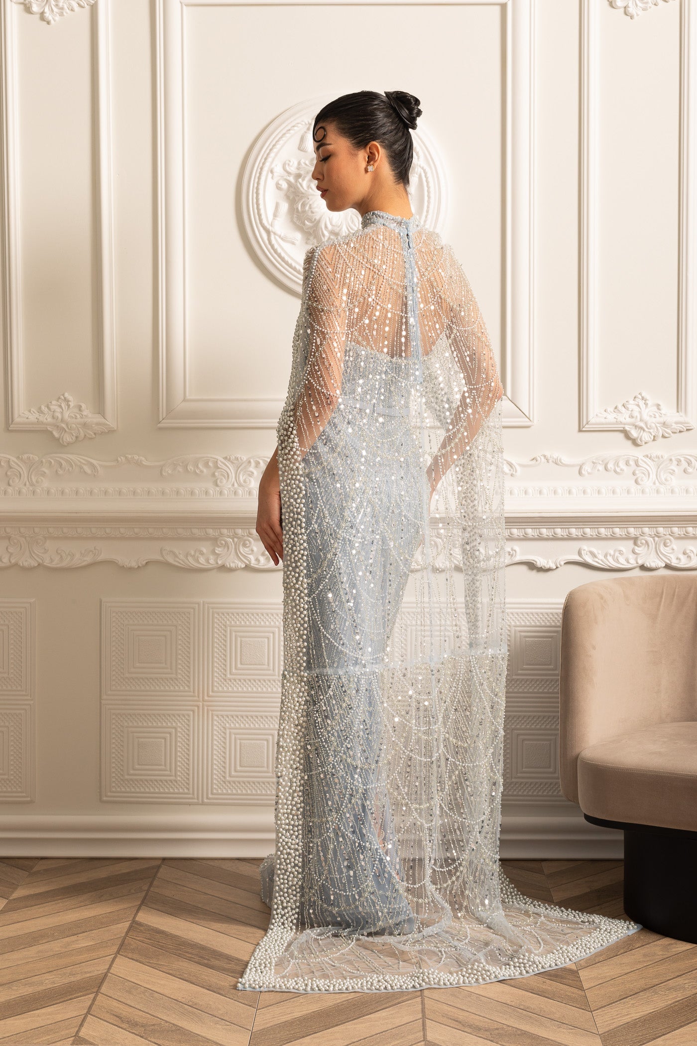 Glamourous Beaded Gown With Detachable Veil - Blue