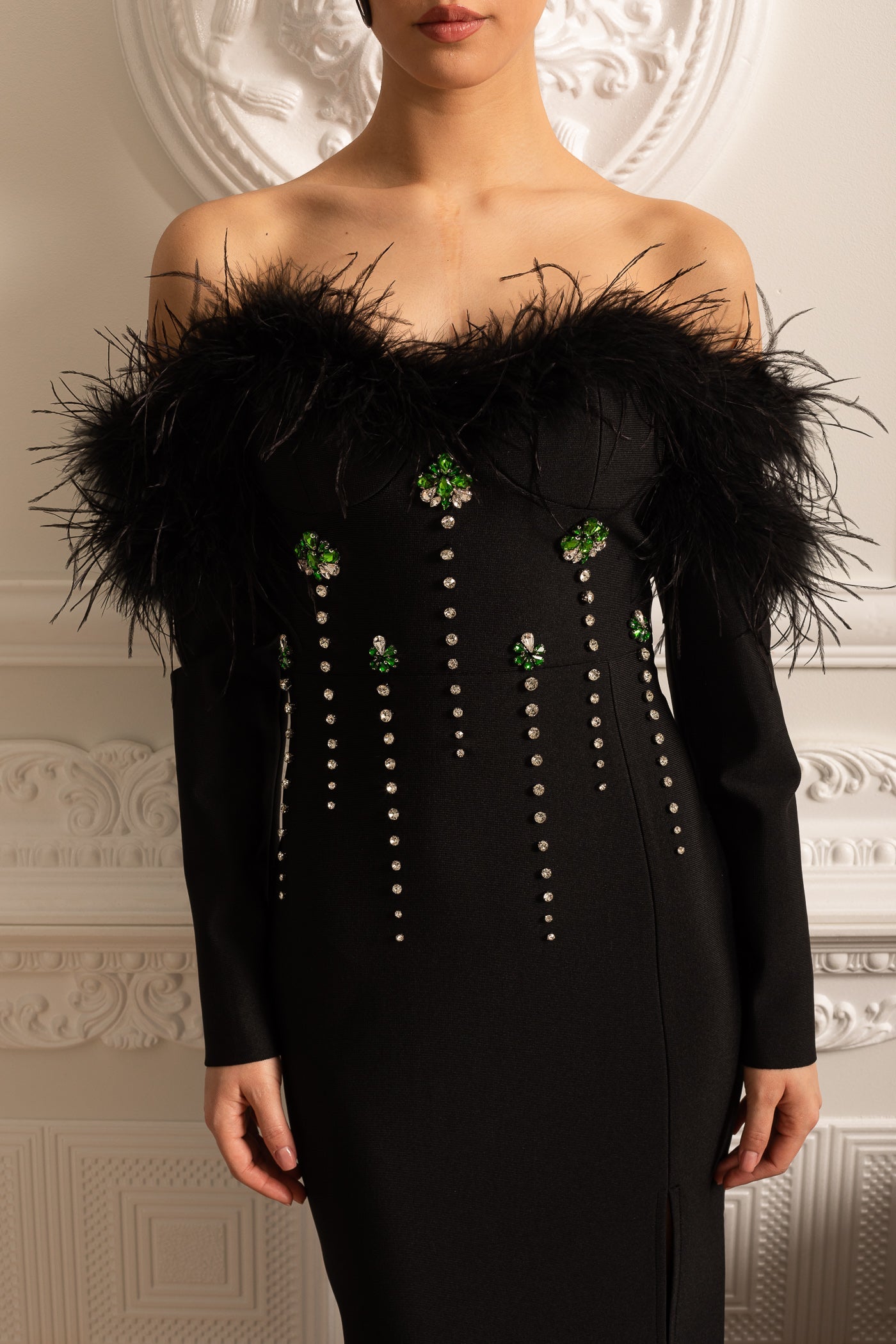 Feather Adorned Dress With Sparkling Embellishments And High-Side Slit  - Black