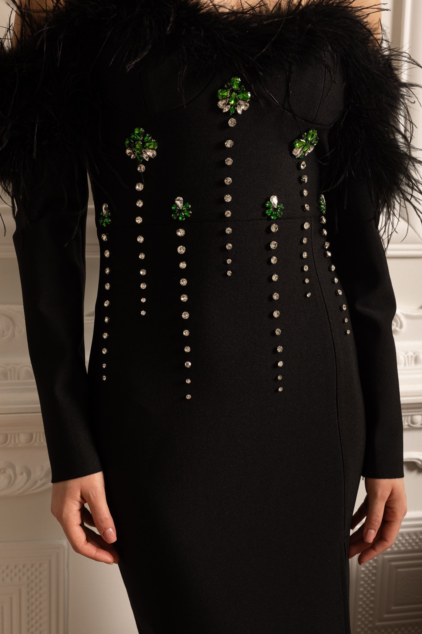 Feather Adorned Dress With Sparkling Embellishments And High-Side Slit  - Black