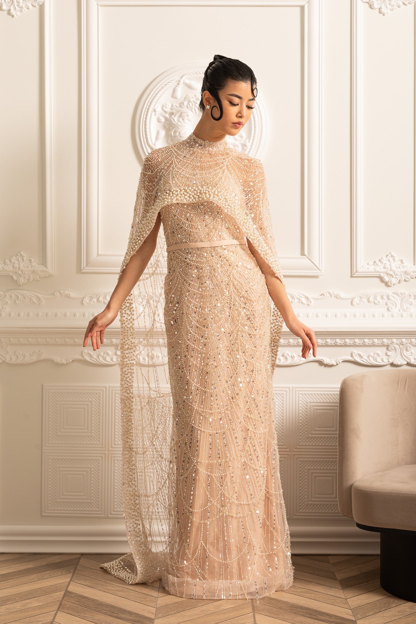 Glamourous Beaded Gown With Detachable Veil - Beige