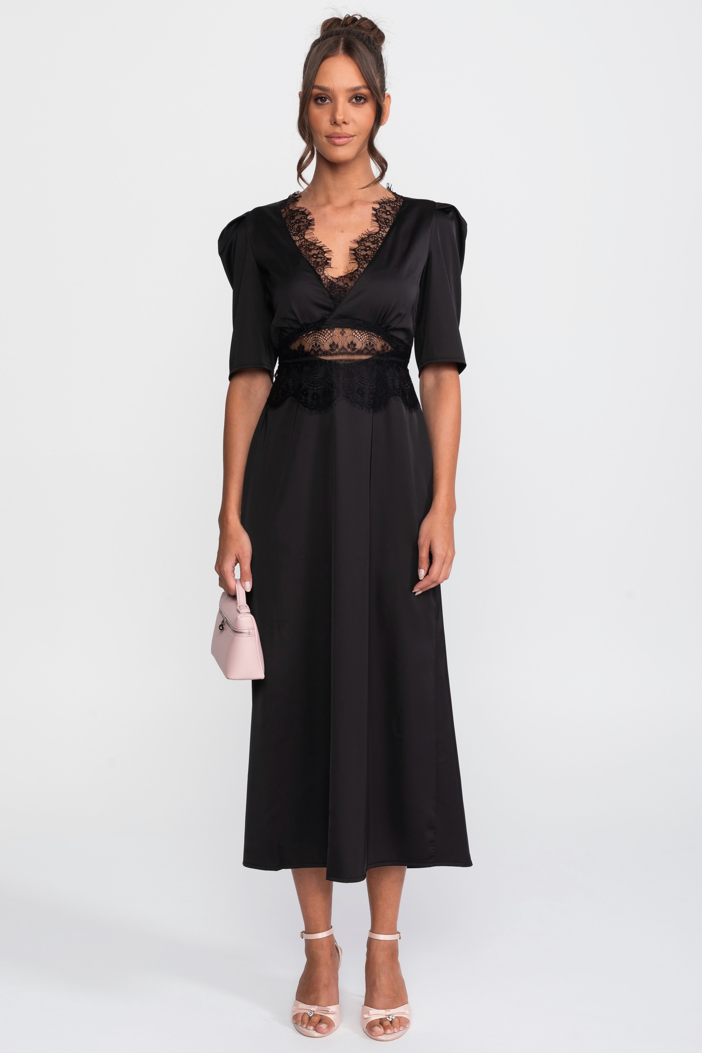 Midi-Kleid mit Polka-Dots und Spitzenbesatz, mit Puffärmeln – Schwarz 