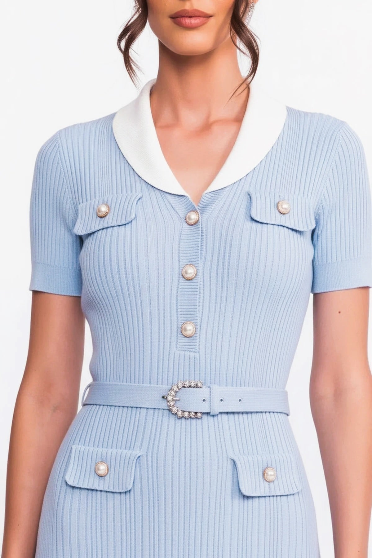 Ribbed Knit Midi Dress With White Collar And Pearl Belt - Light Blue
