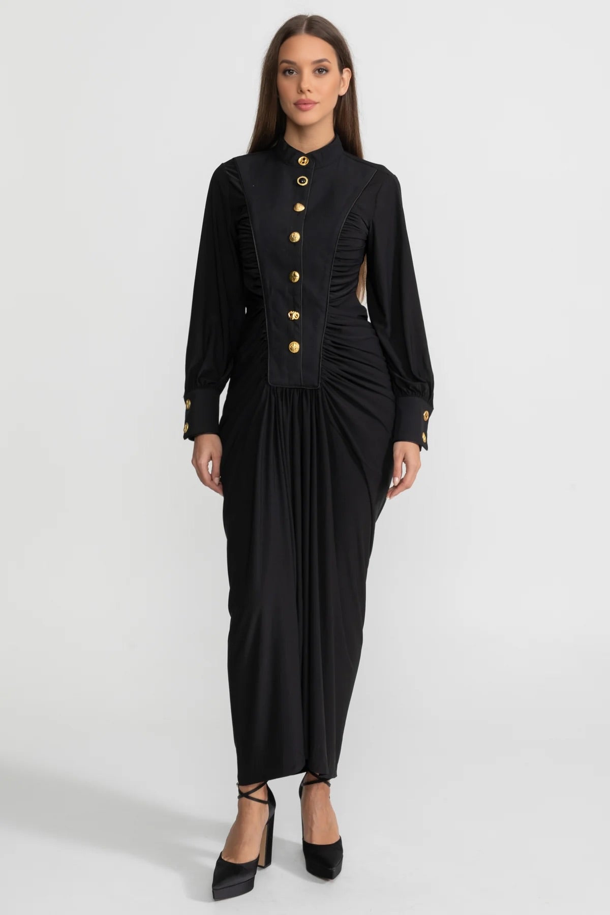 Draped Maxi Dress with Gold Statement Buttons - Black