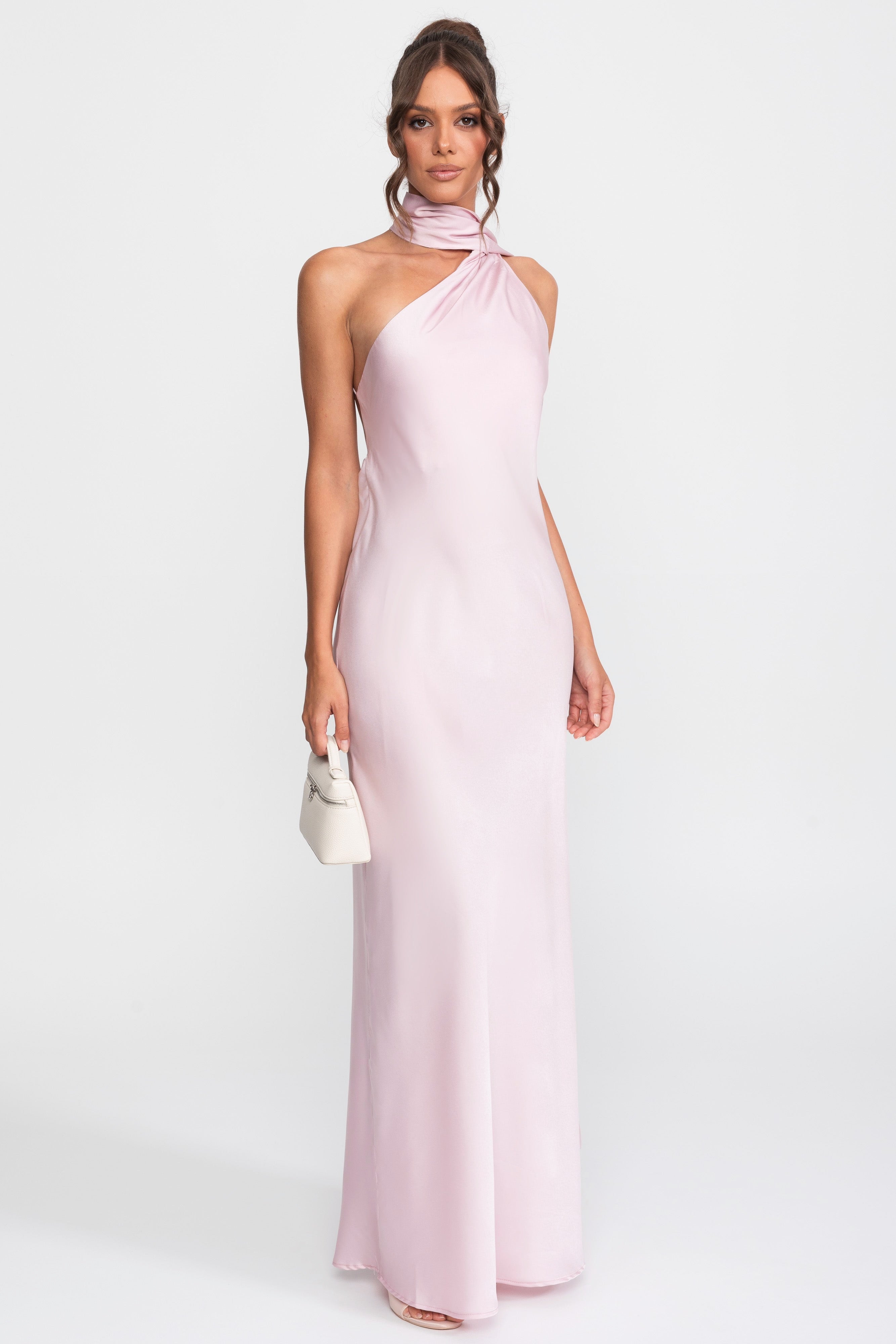 Twist Halter Satin Slip Dress With Asymmetric Neckline - Pink
